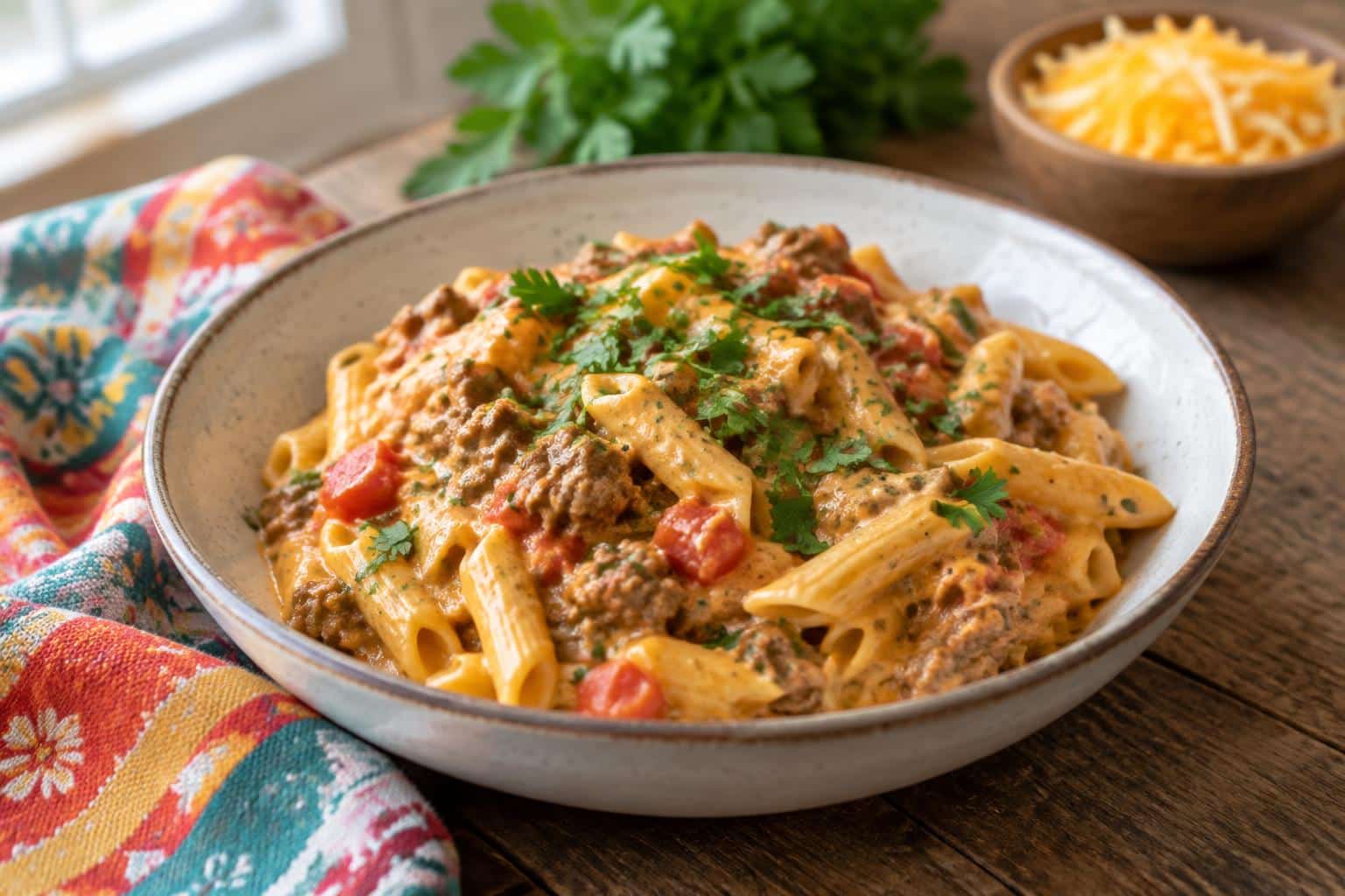 Creamy rotel pasta with ground beef garnished with fresh parsley in a bowl on a rustic wooden table