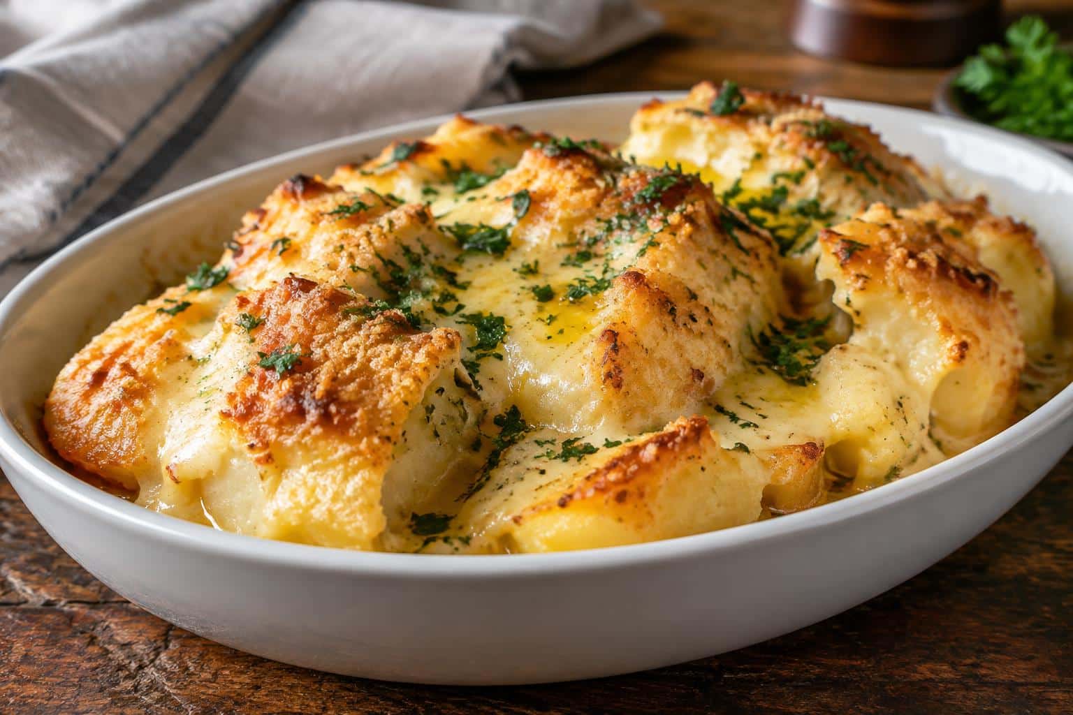 Creamy potatoes inspired by Ruth's Chris steakhouse in a bowl with parsley garnish