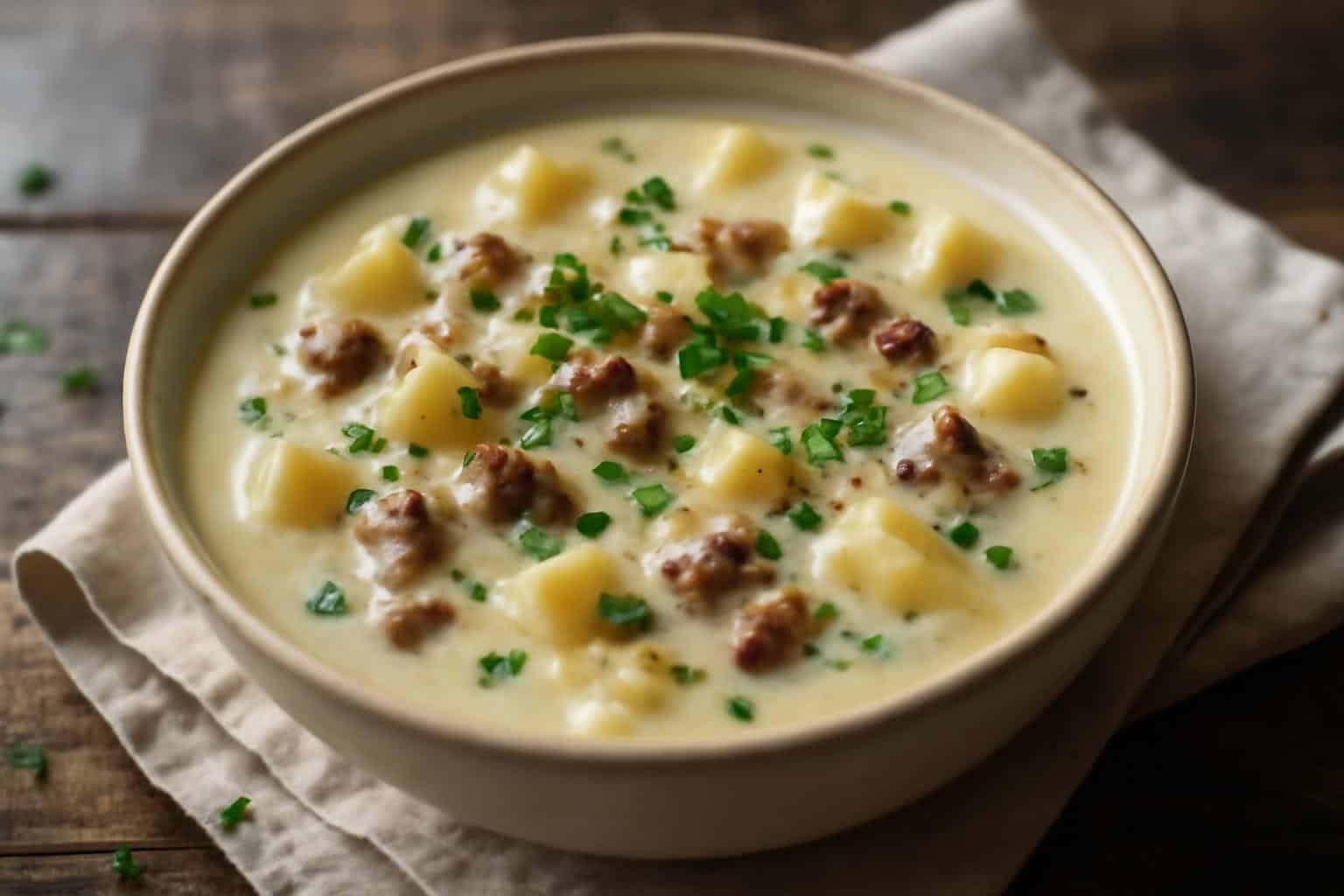 Creamy sausage potato soup garnished with parsley and black pepper in a rustic bowl