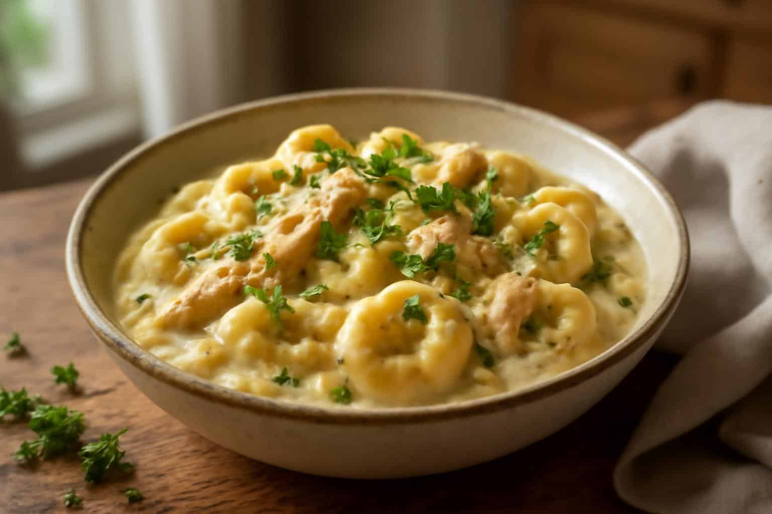 Creamy slow cooker chicken tortellini dinner garnished with parsley and Parmesan
