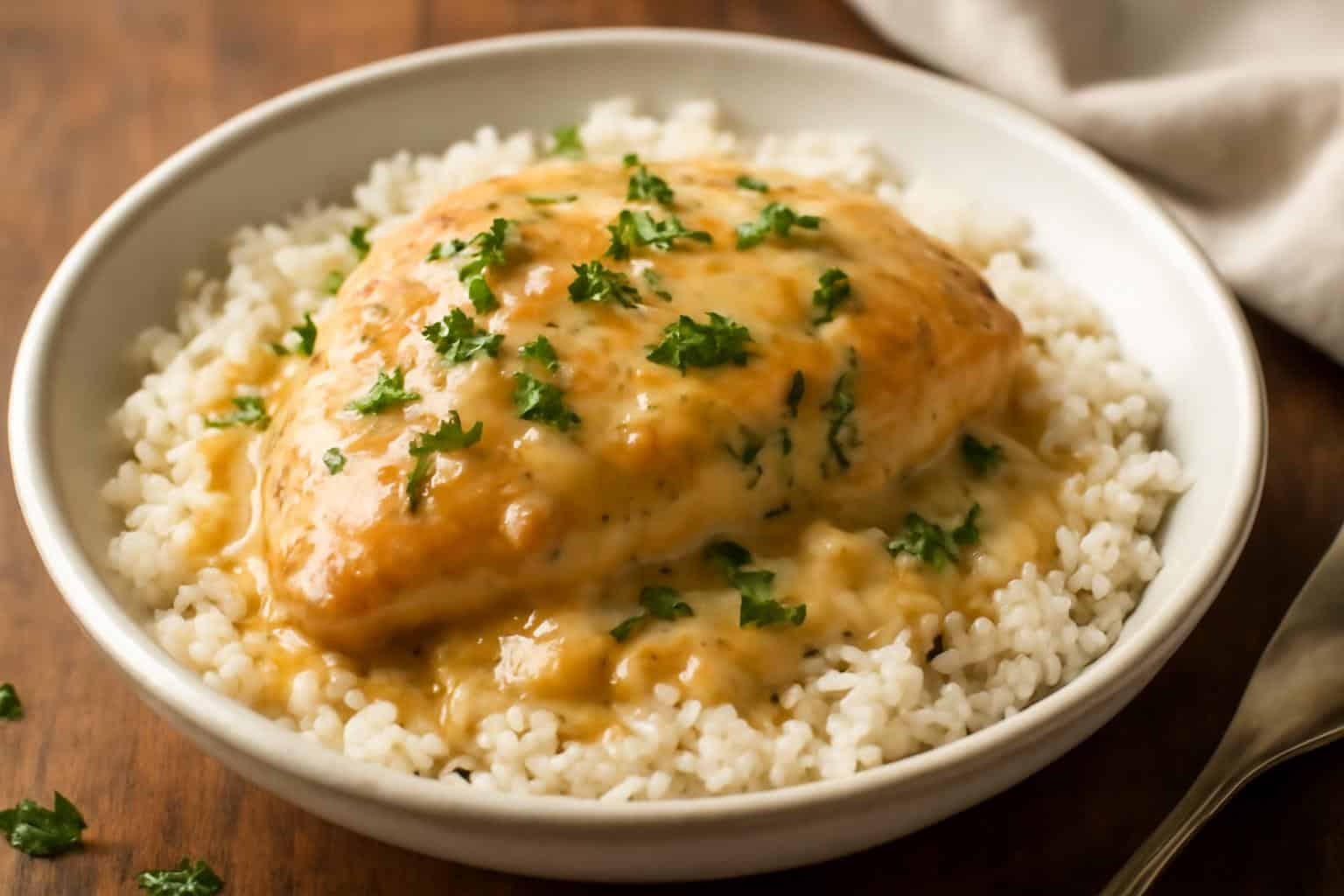 Creamy smothered chicken and rice plated with fresh parsley garnish and creamy sauce