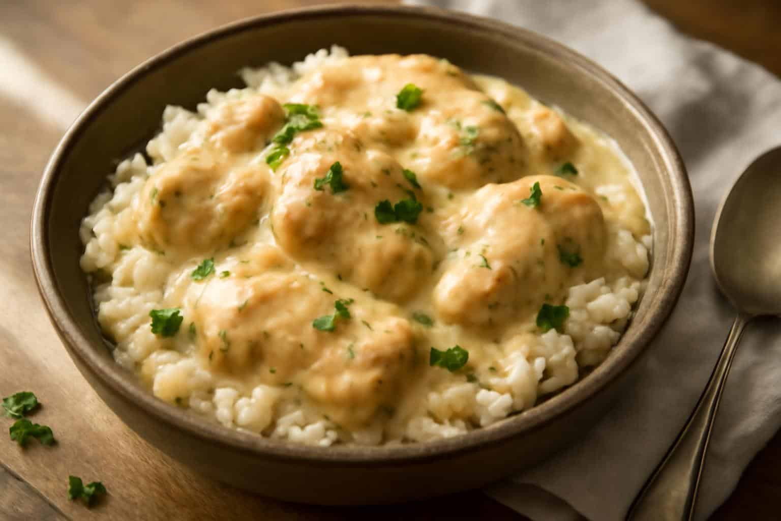 Creamy smothered chicken and rice in a bowl garnished with parsley, showcasing the smothered chicken and rice