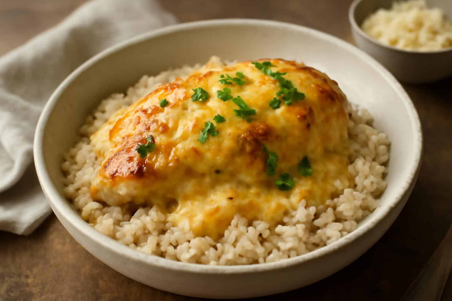 Creamy smothered chicken rice in a bowl garnished with parsley and melted cheese