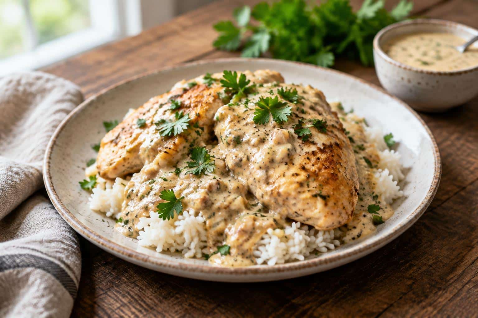 Creamy smothered chicken and rice served on a rustic plate garnished with parsley