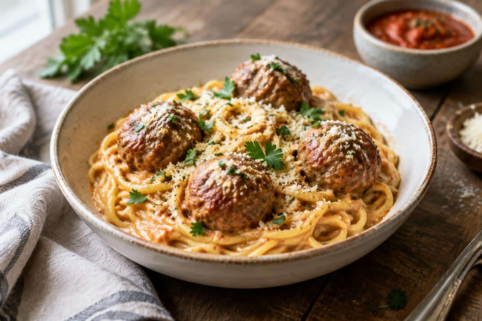 Creamy spaghetti meatballs served in a bowl garnished with parsley and Parmesan cheese