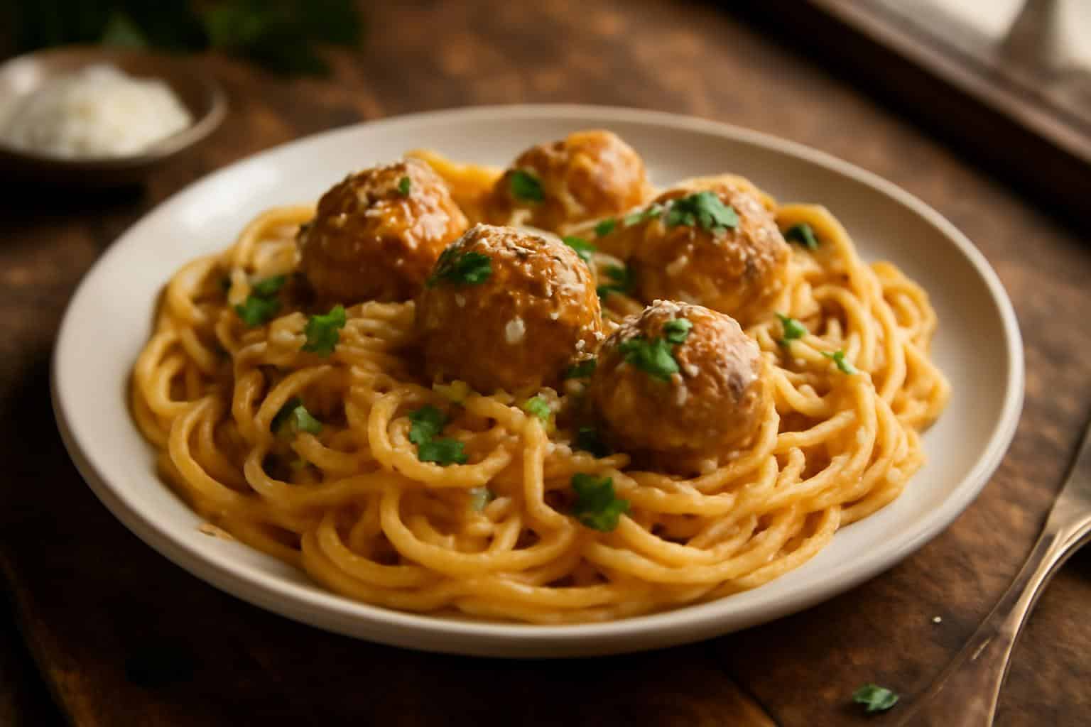 Creamy spaghetti meatballs served on a white plate with parsley garnish and Parmesan cheese