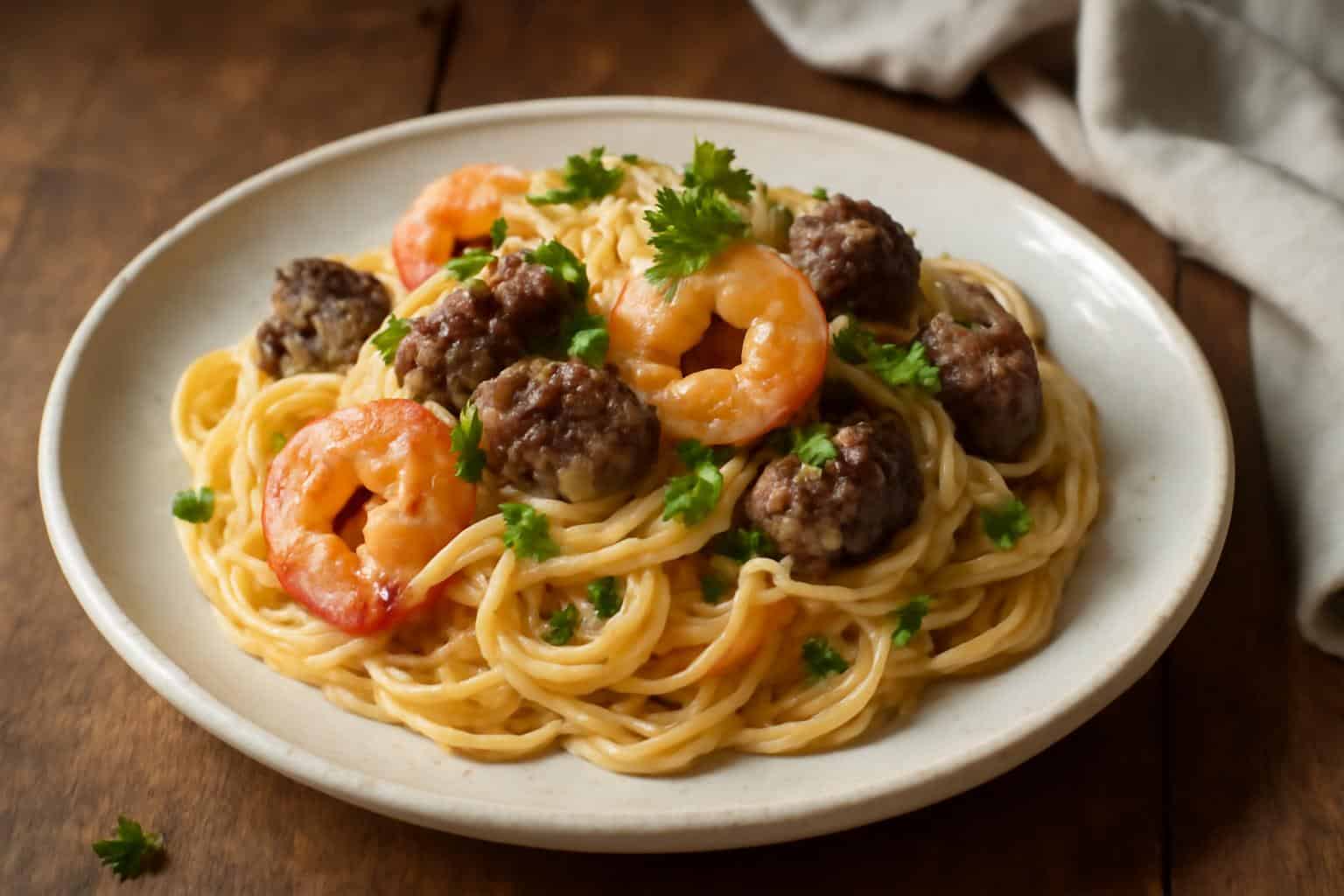 Creamy shrimp and beef spaghetti served on a white plate with parsley garnish and Parmesan cheese