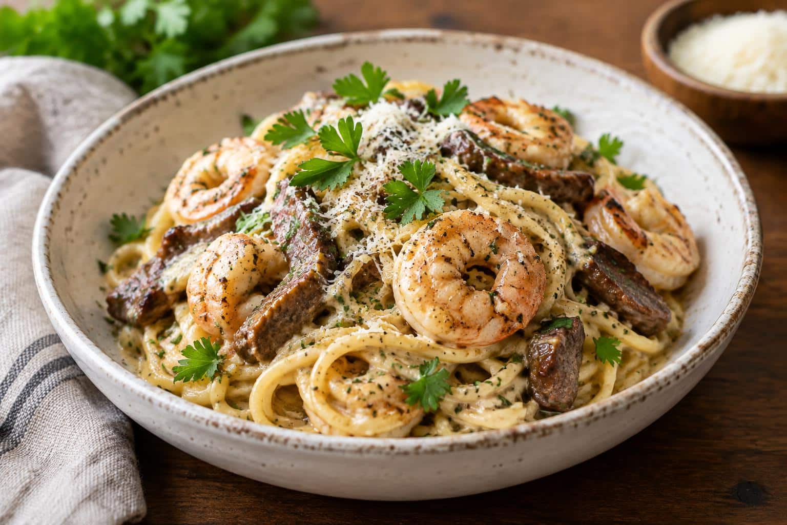 Creamy spaghetti with shrimp and beef in a rich sauce garnished with parsley and parmesan