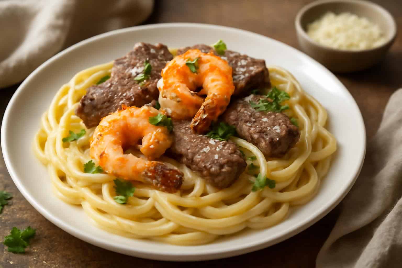 Creamy spaghetti with shrimp and beef plated and garnished with fresh parsley and parmesan cheese