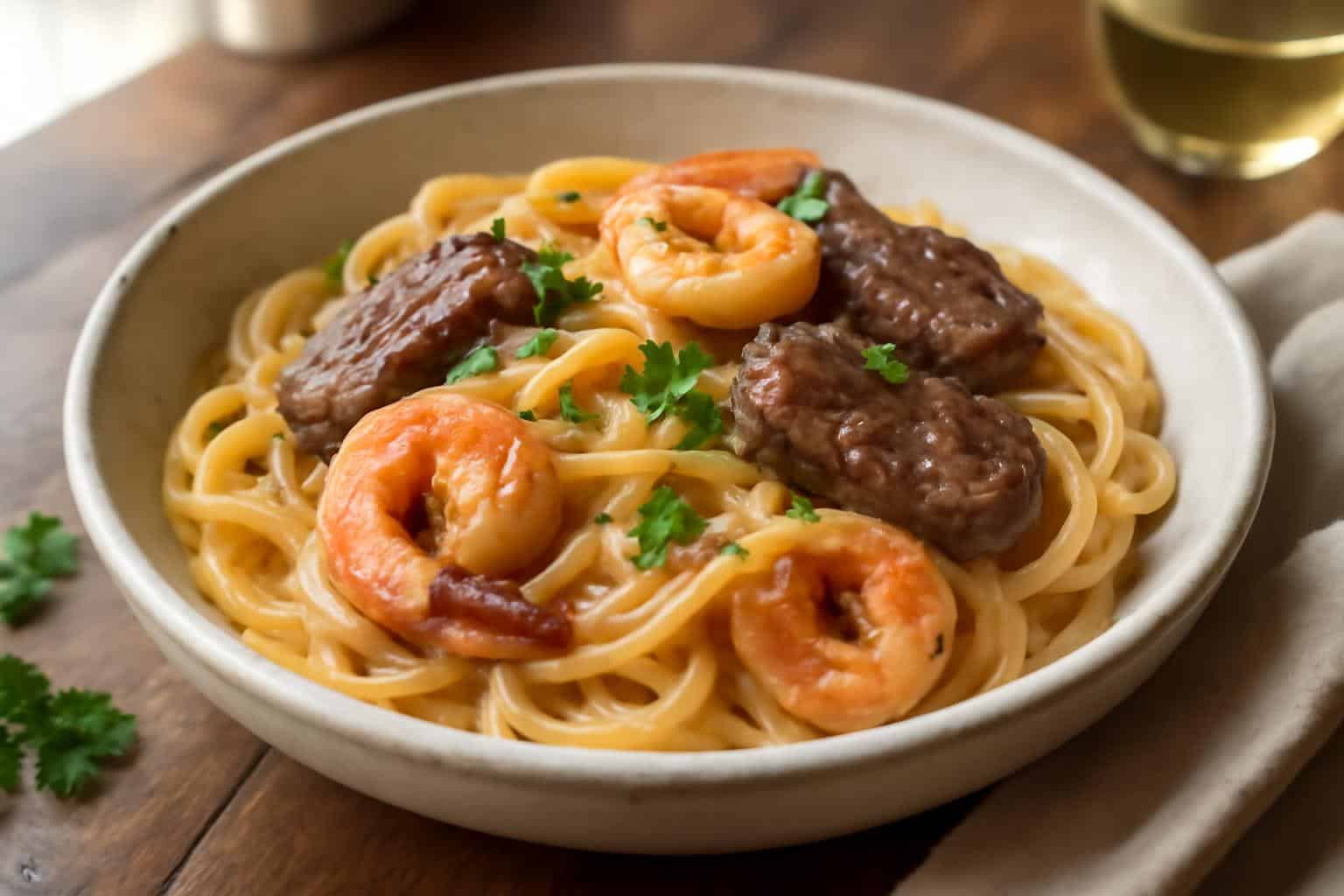 Creamy shrimp and beef spaghetti served in a rustic bowl garnished with parsley and Parmesan