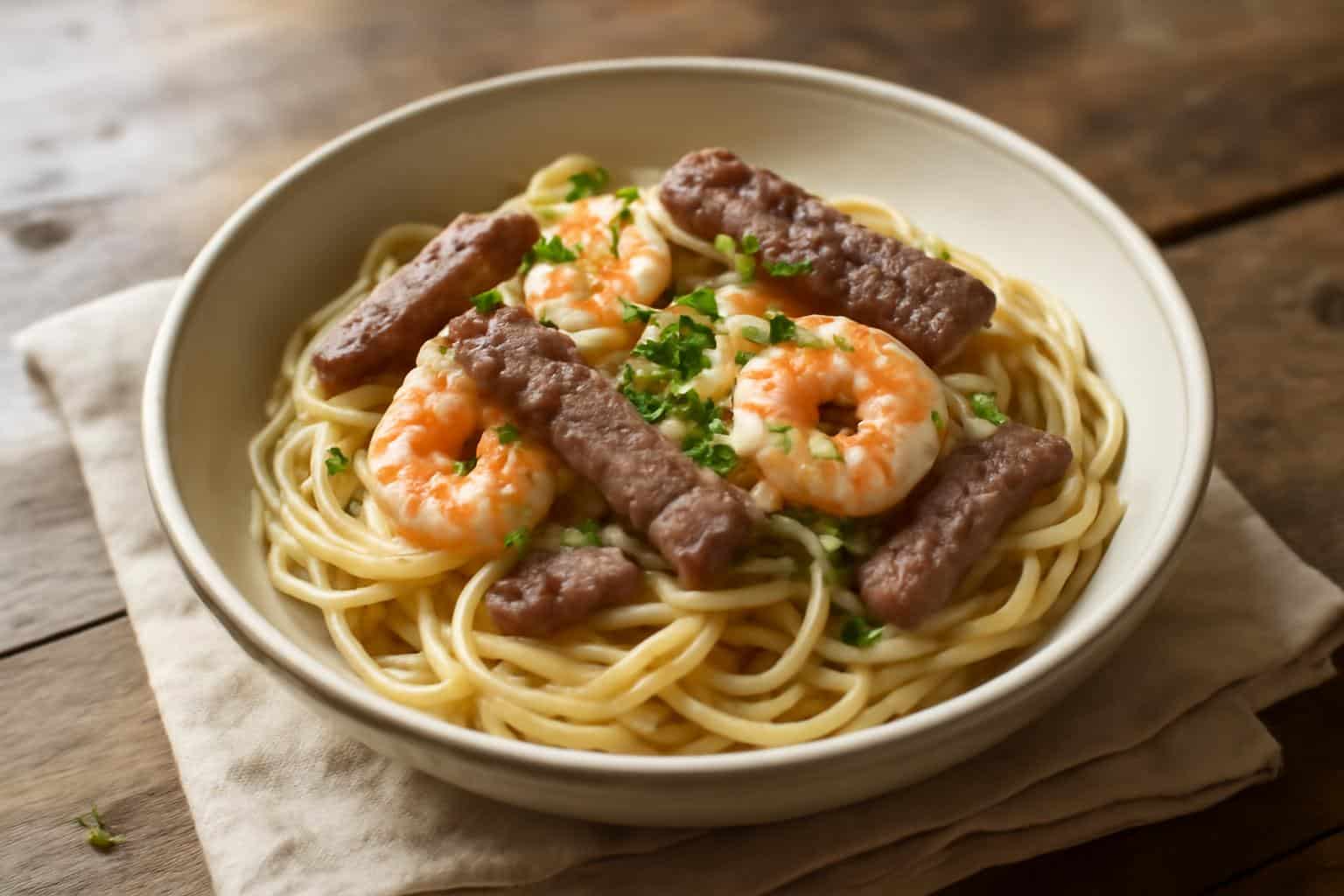 Creamy spaghetti with shrimp and beef in creamy sauce garnished with parsley and Parmesan cheese