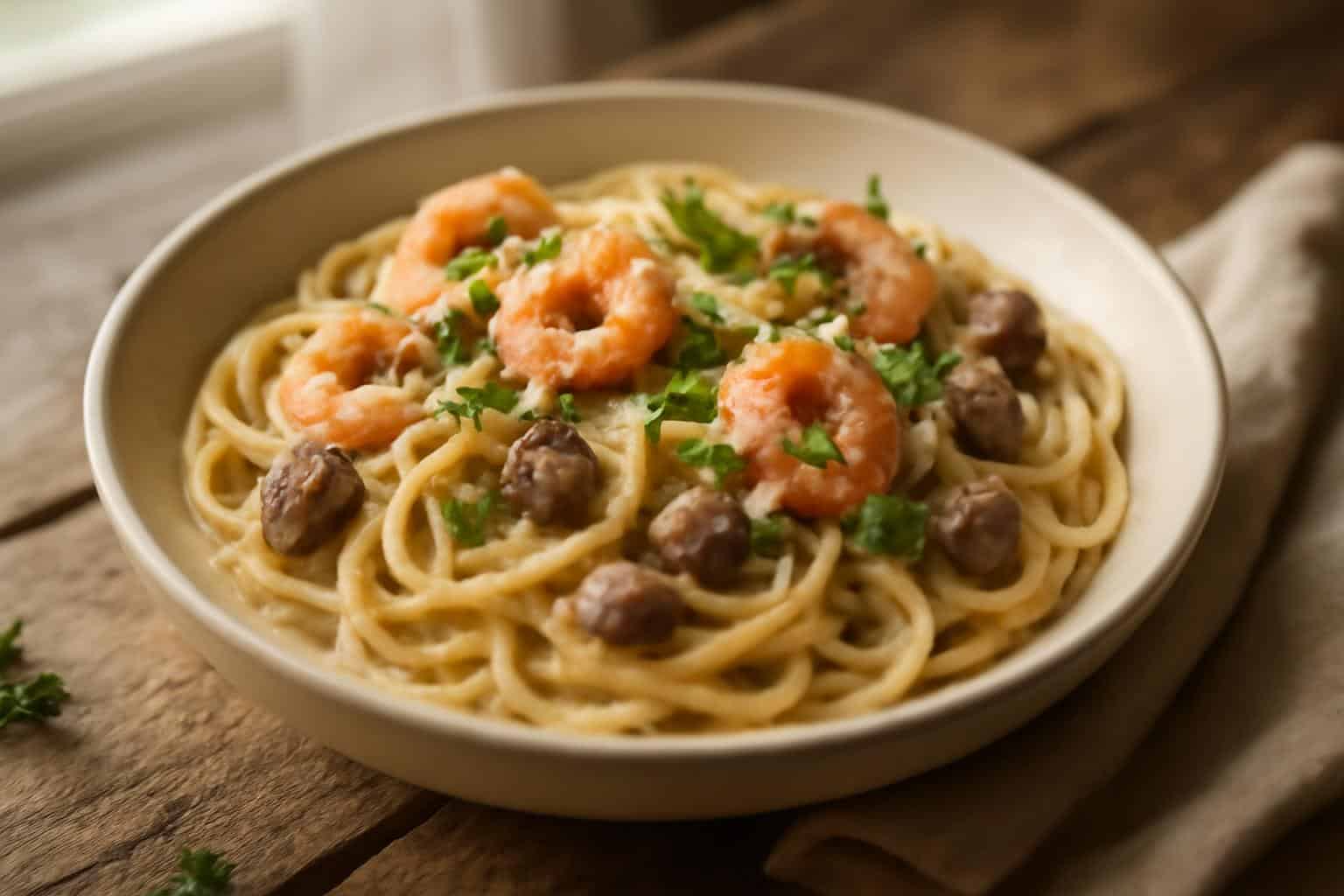 Creamy shrimp and beef spaghetti garnished with parsley and Parmesan cheese