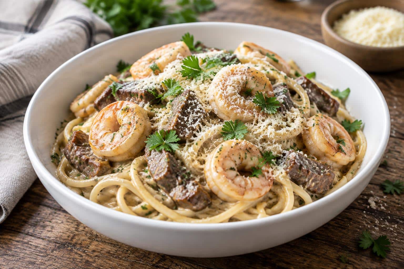 Creamy spaghetti with shrimp and beef served in a white bowl garnished with parsley and Parmesan