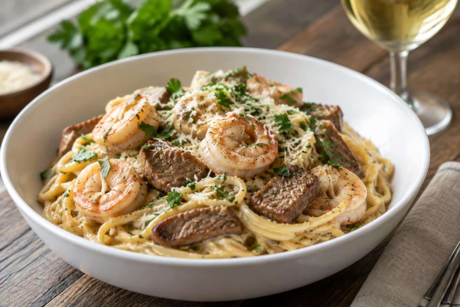 Creamy shrimp beef spaghetti served in a white bowl garnished with parsley and parmesan cheese