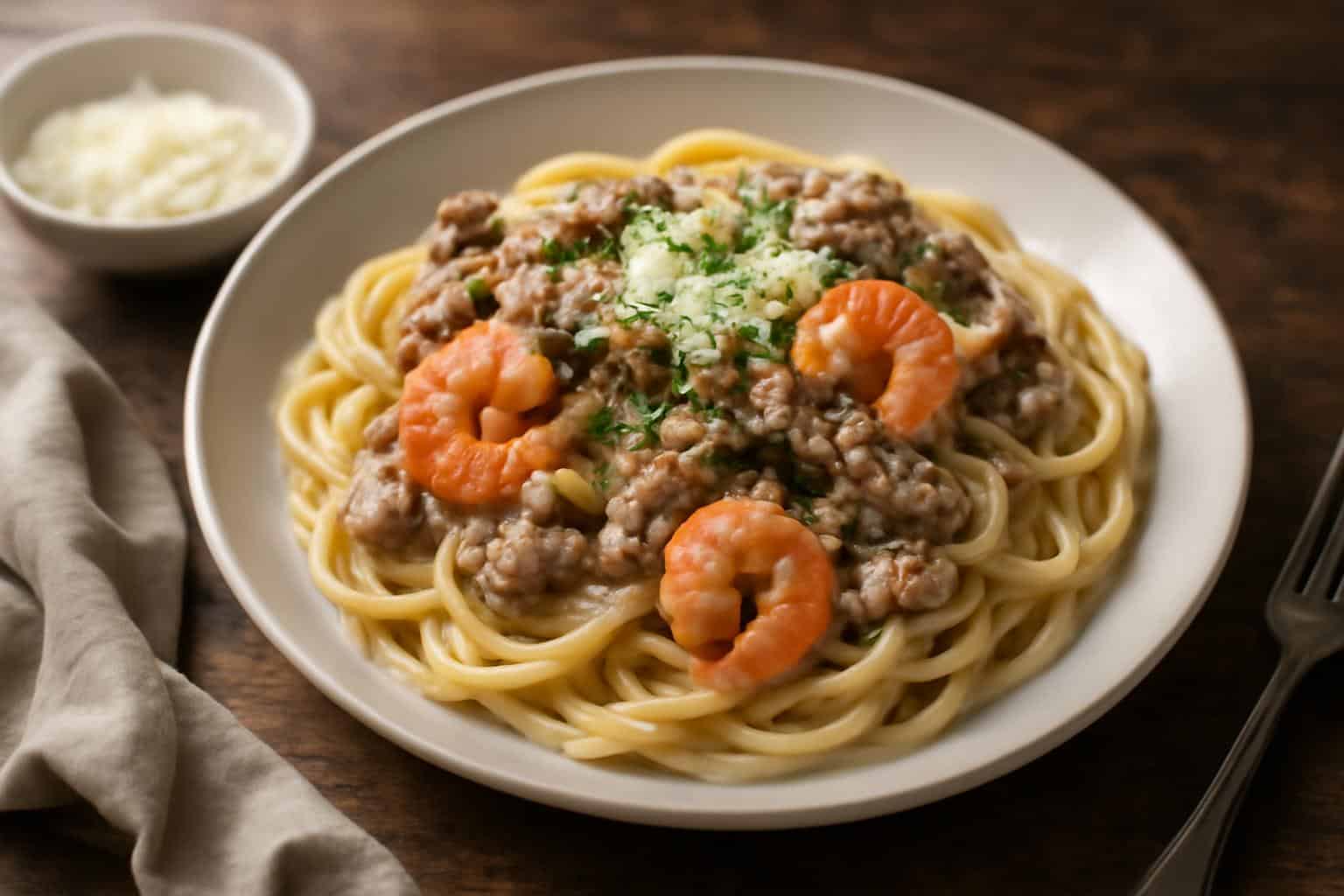 Creamy spaghetti shrimp beef dish garnished with parsley and Parmesan cheese