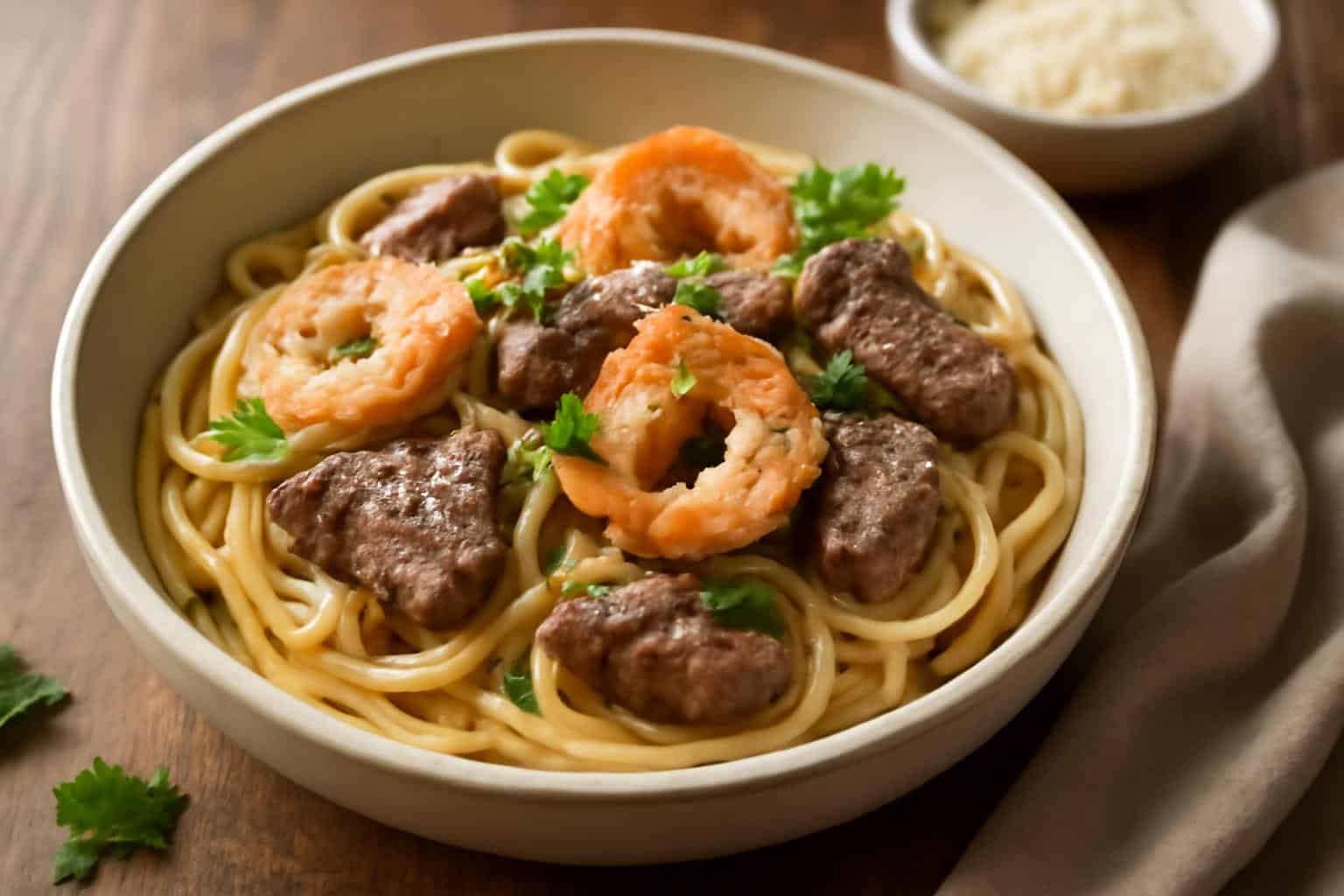 Creamy shrimp and beef spaghetti plated with parsley garnish and Parmesan cheese