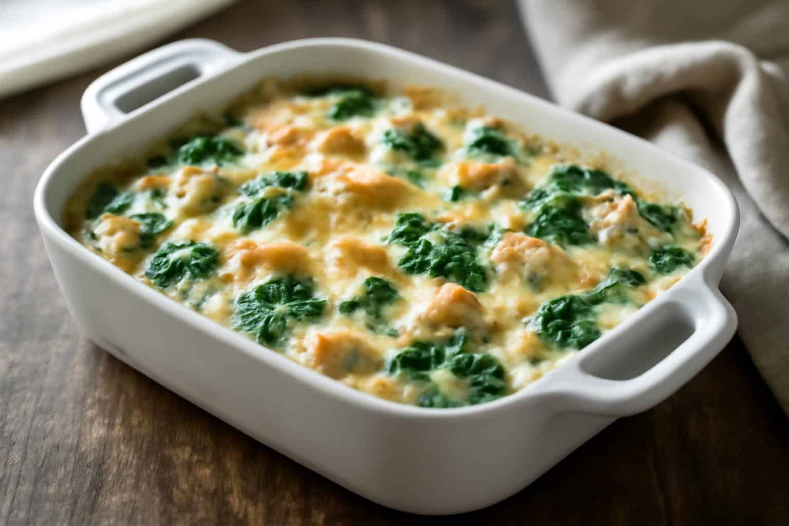 Creamy spinach casserole with chicken baked to golden perfection and fresh spinach garnish