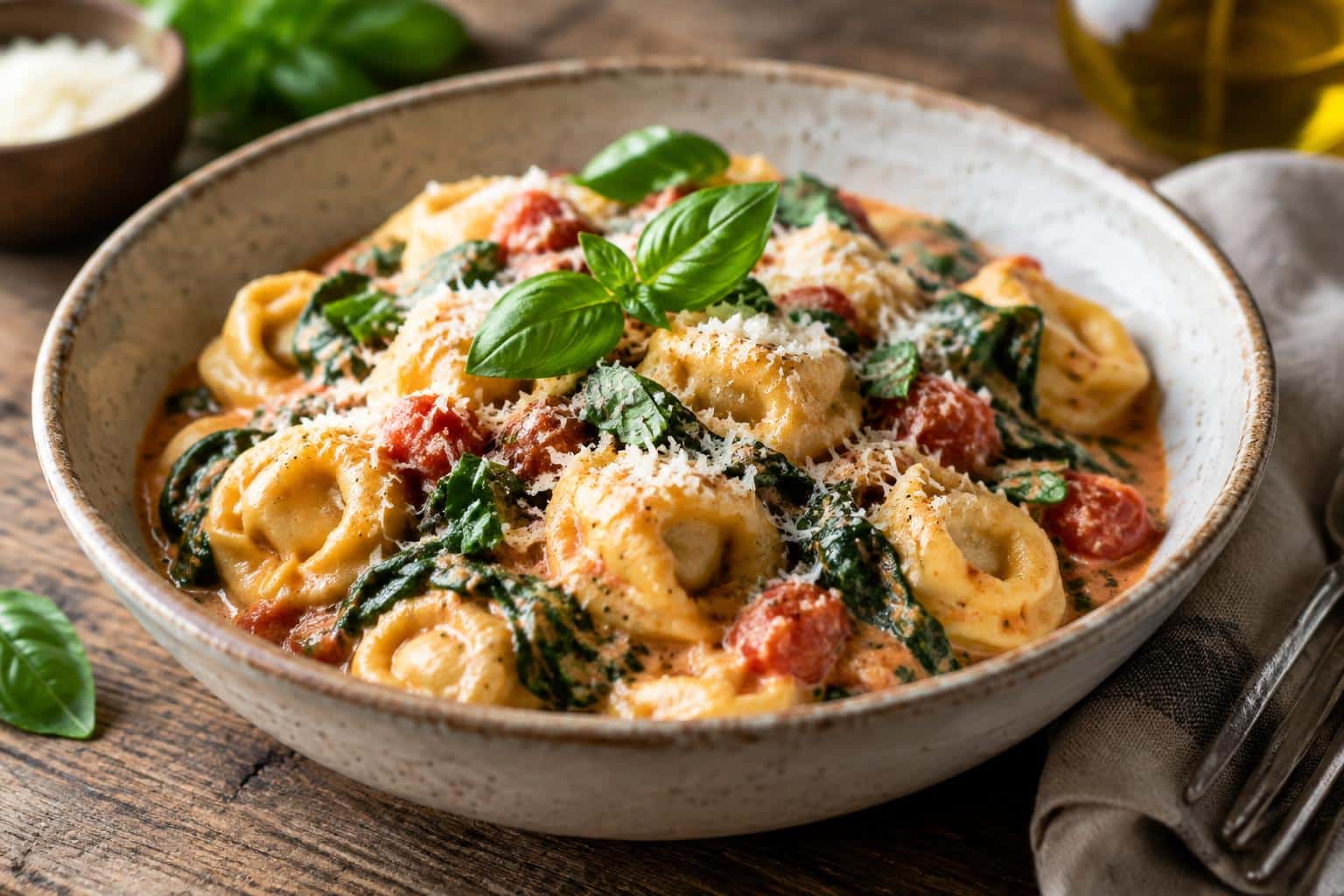 Creamy spinach tortellini with fresh tomatoes and basil garnish in rustic bowl