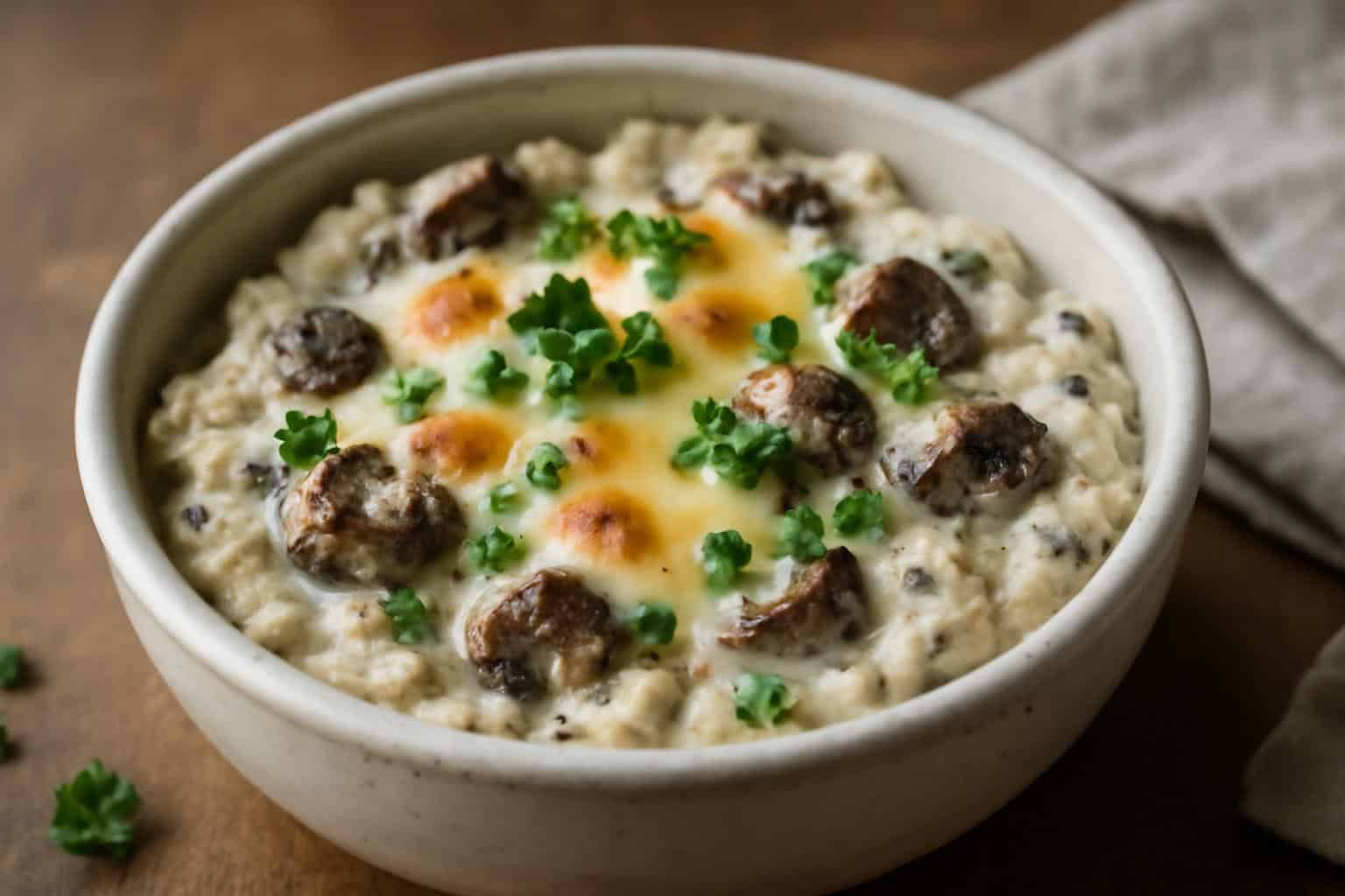 creamy stuffed mushroom dip garnished with parsley in a white bowl