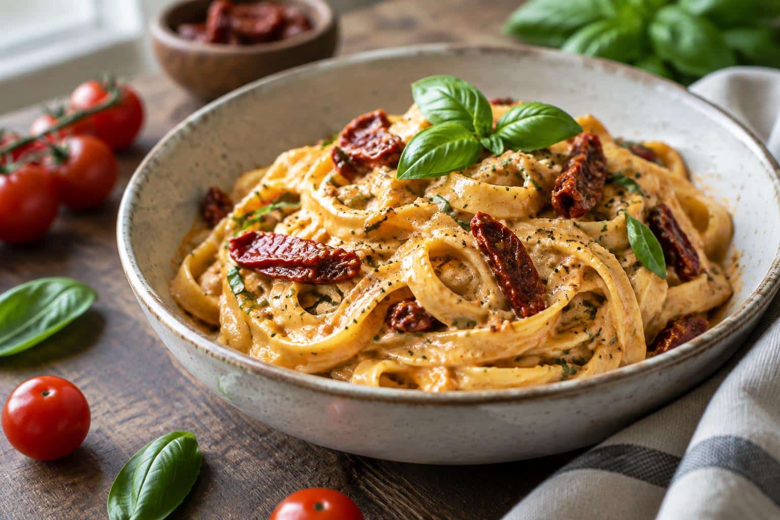 Creamy sun-dried tomato pasta in a bowl garnished with fresh basil and sun-dried tomatoes