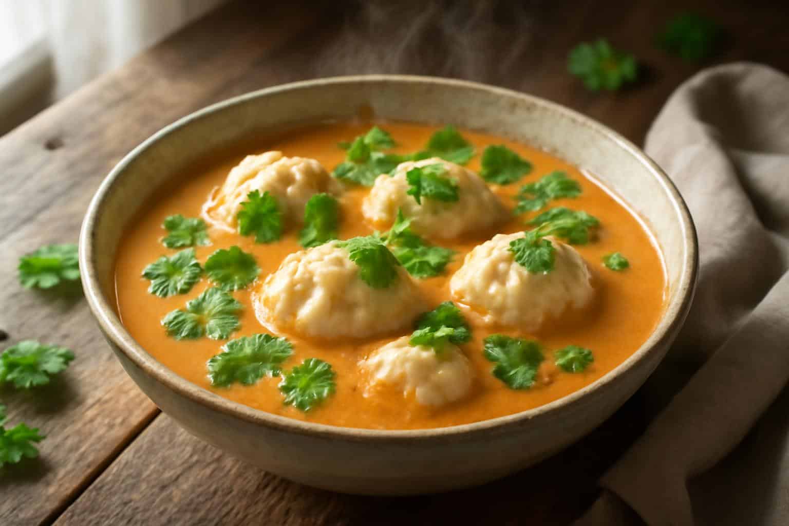 Bowl of creamy Thai coconut curry soup with fluffy dumplings and fresh herbs