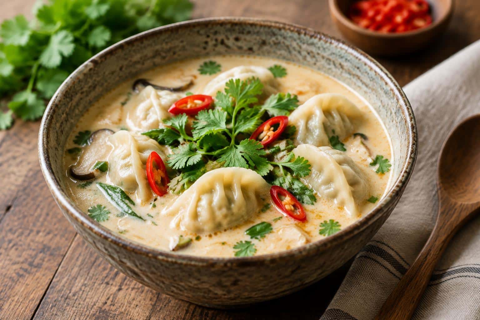 A bowl of creamy Thai dumpling soup with fresh cilantro and red chili garnish