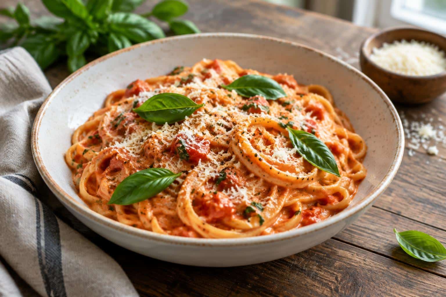 Plate of creamy tomato garlic pasta garnished with basil and Parmesan cheese