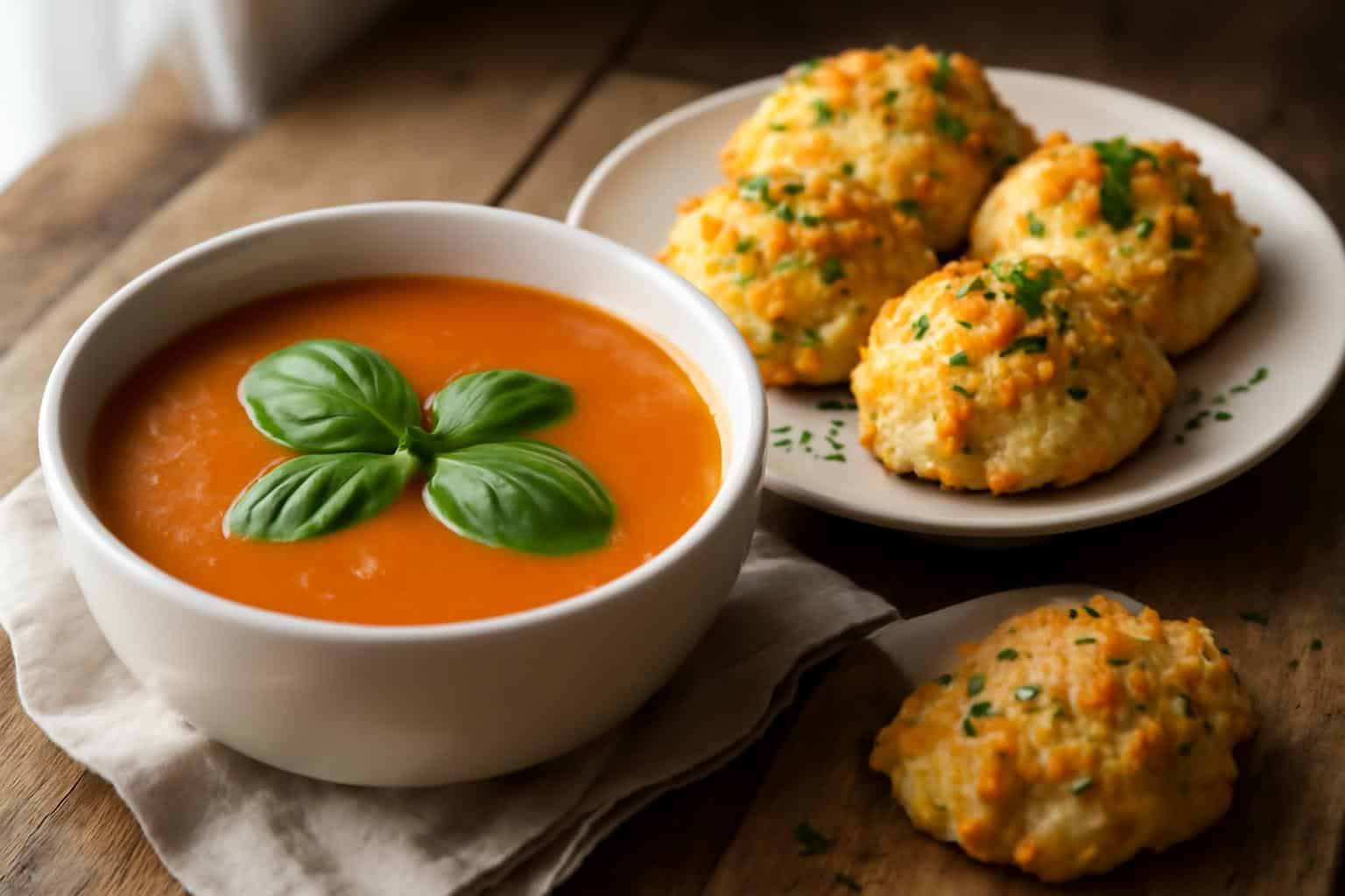 Creamy tomato soup with cheesy cheddar bay dumplings served in rustic bowls garnished with fresh herbs