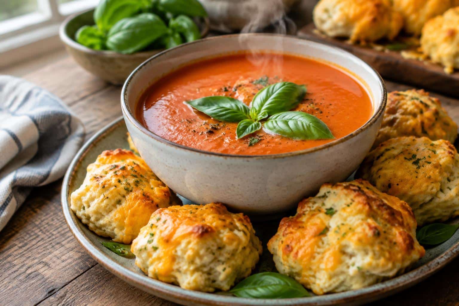 Creamy tomato soup served with cheesy cheddar bay dumplings garnished with fresh basil