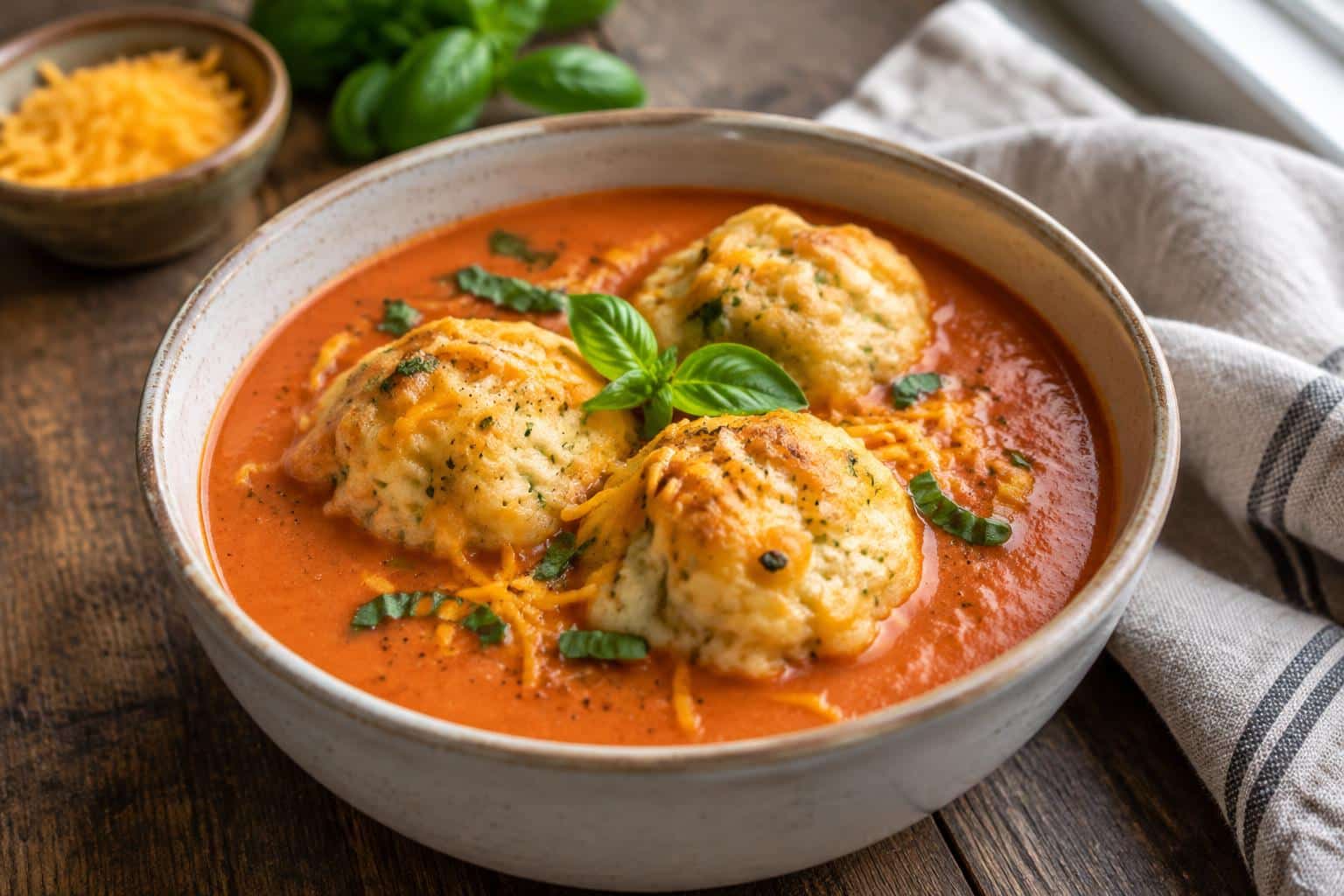 Bowl of creamy tomato soup with cheesy cheddar bay dumplings and fresh basil garnish