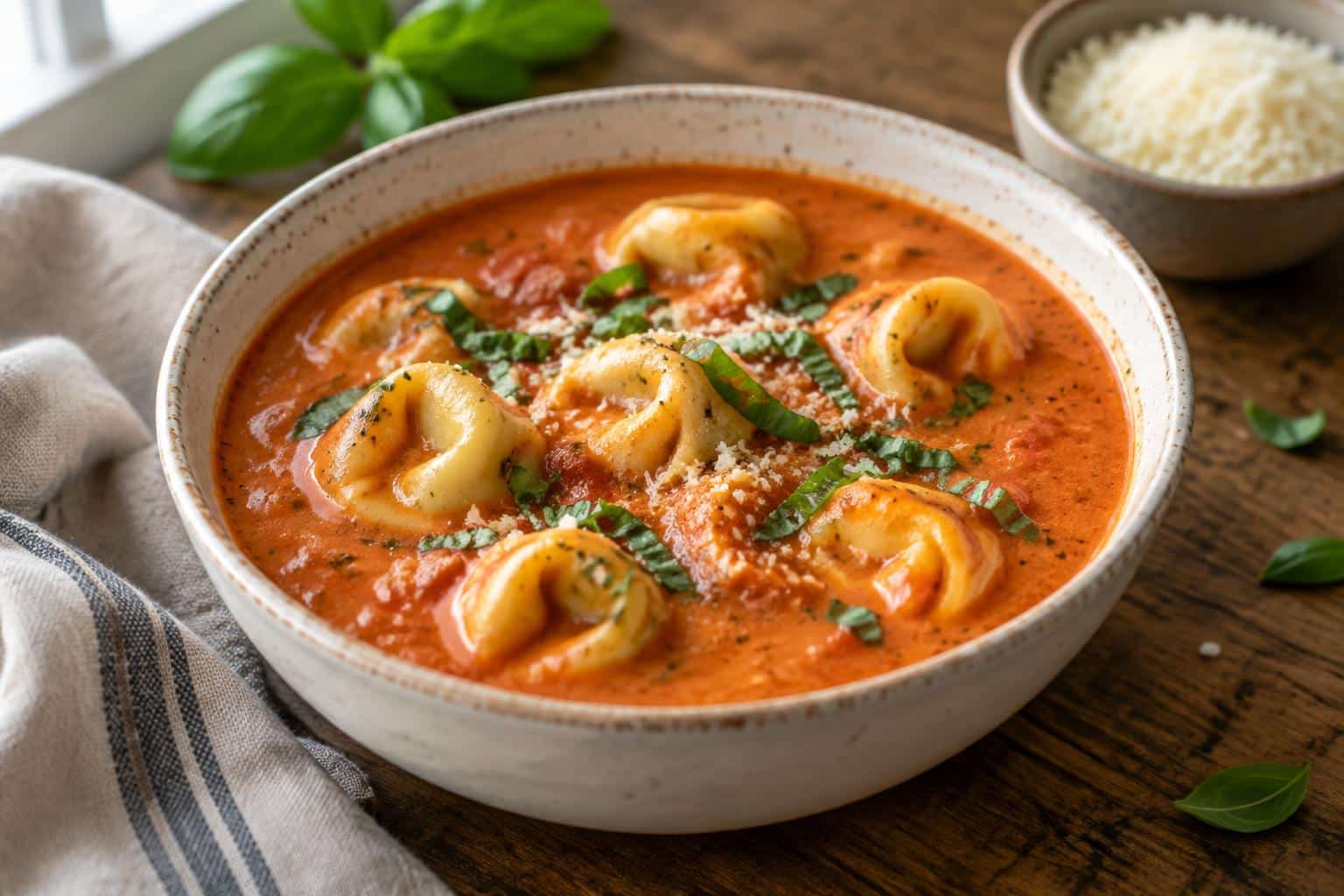 Bowl of creamy tomato tortellini soup garnished with fresh herbs and parmesan cheese