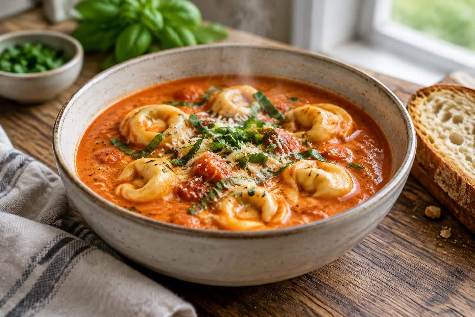 Creamy tomato tortellini soup in bowl with fresh herb garnish and tortellini visible