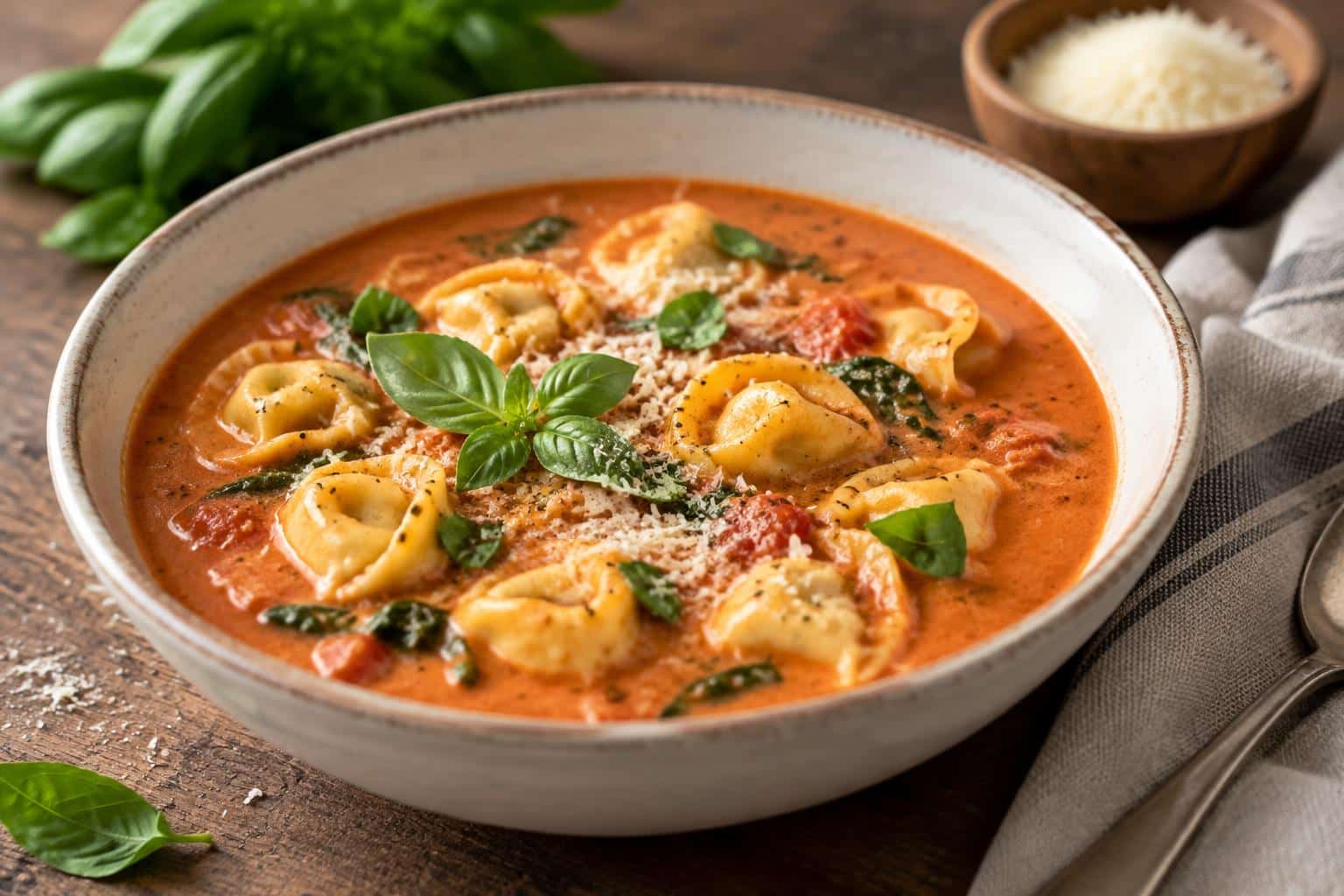 Creamy tomato tortellini soup garnished with fresh basil and Parmesan, showcasing tomato tortellini soup