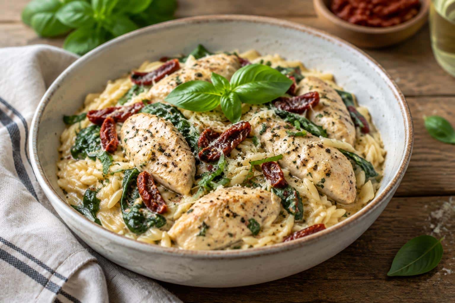 Creamy Tuscan chicken orzo in a bowl garnished with fresh basil and sun-dried tomatoes