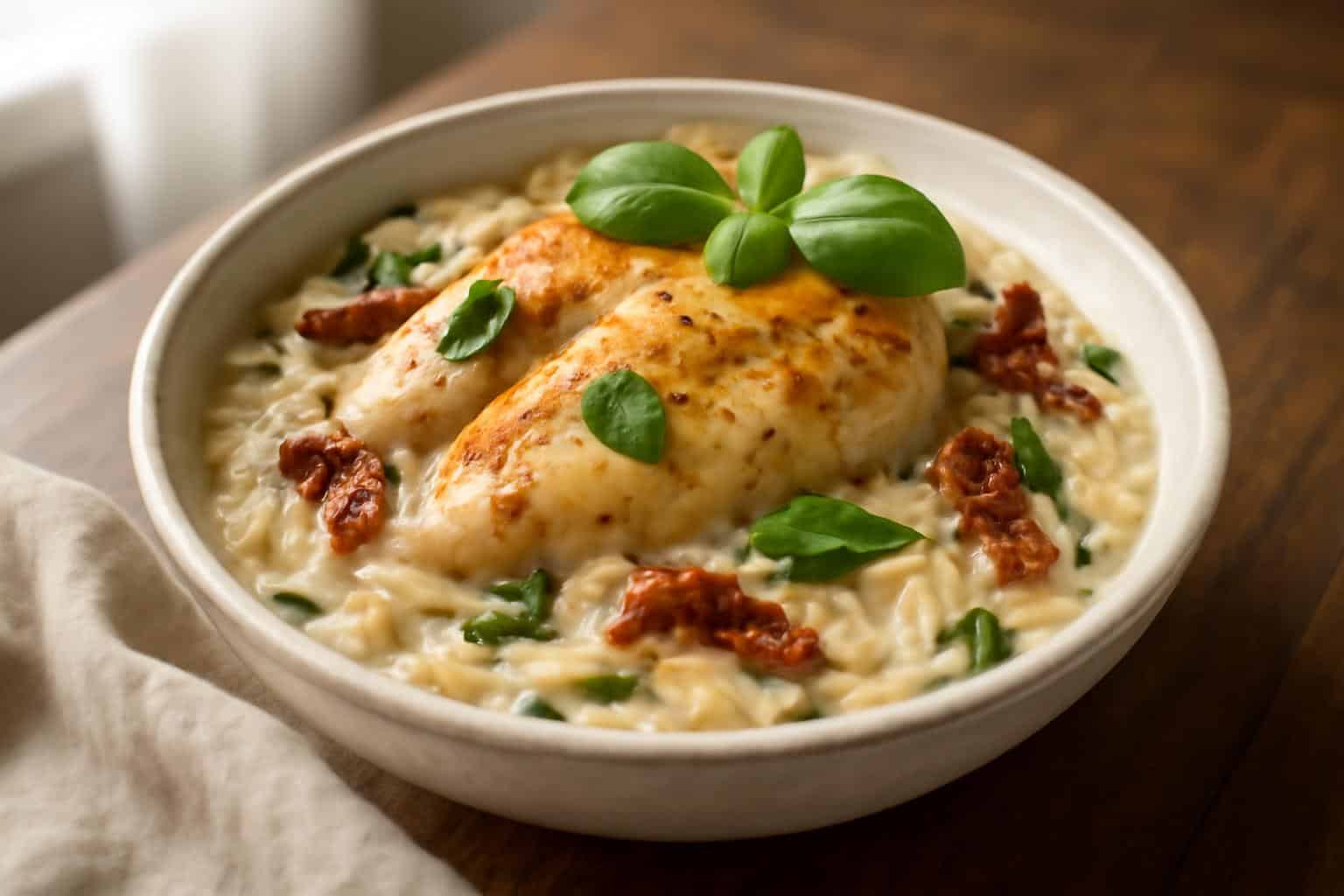A bowl of creamy tuscan chicken orzo garnished with fresh basil and sun-dried tomatoes