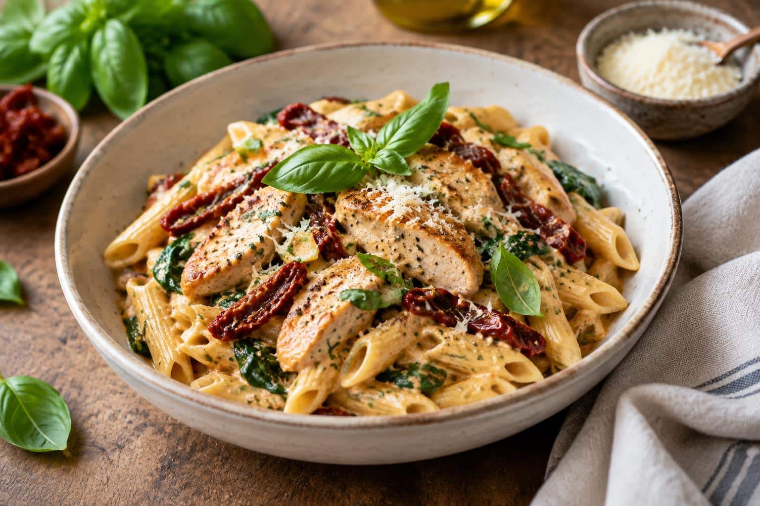 Creamy Tuscan chicken pasta with sun-dried tomatoes and fresh basil garnish