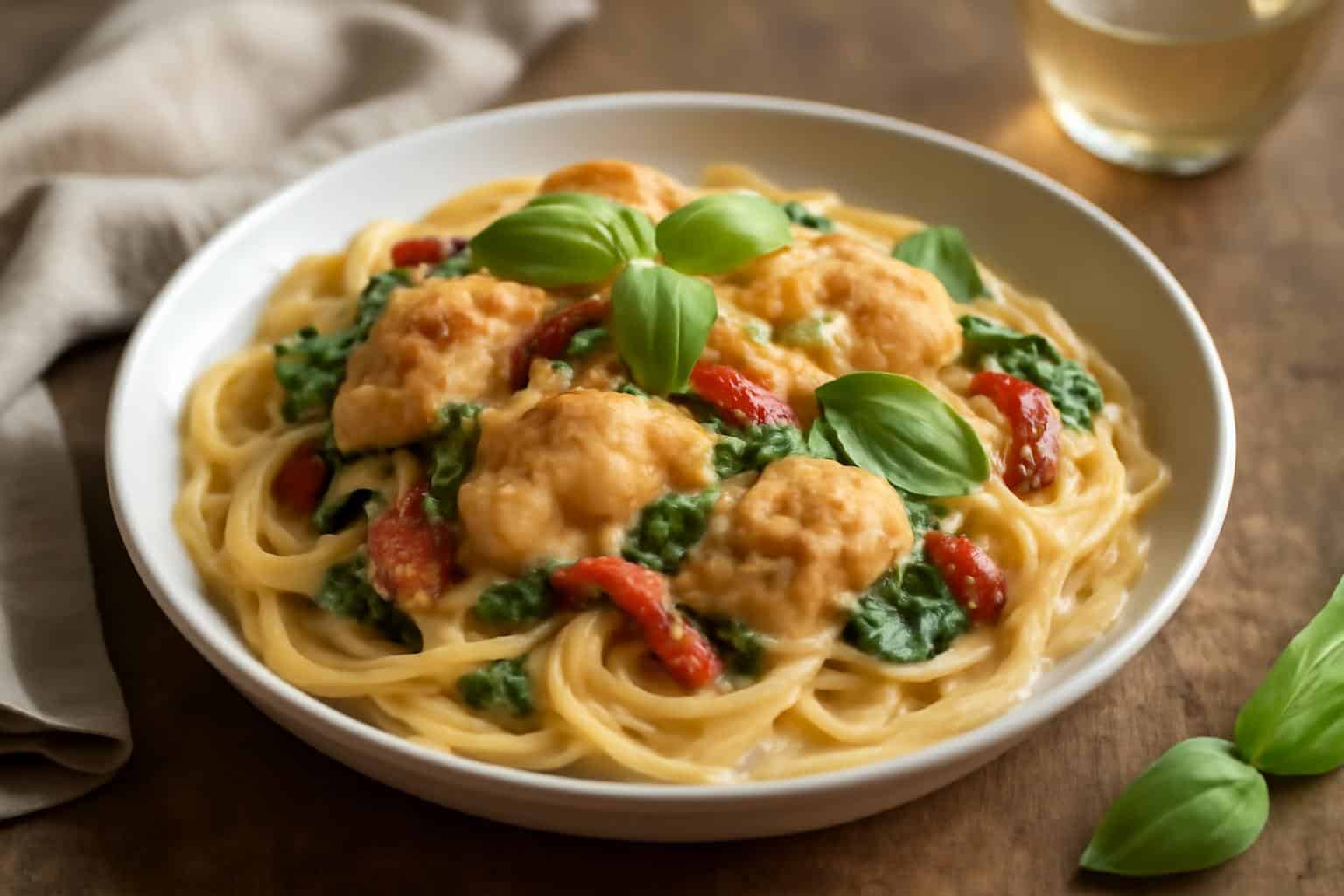 Creamy Tuscan chicken pasta served with spinach and sun-dried tomatoes in a rich sauce