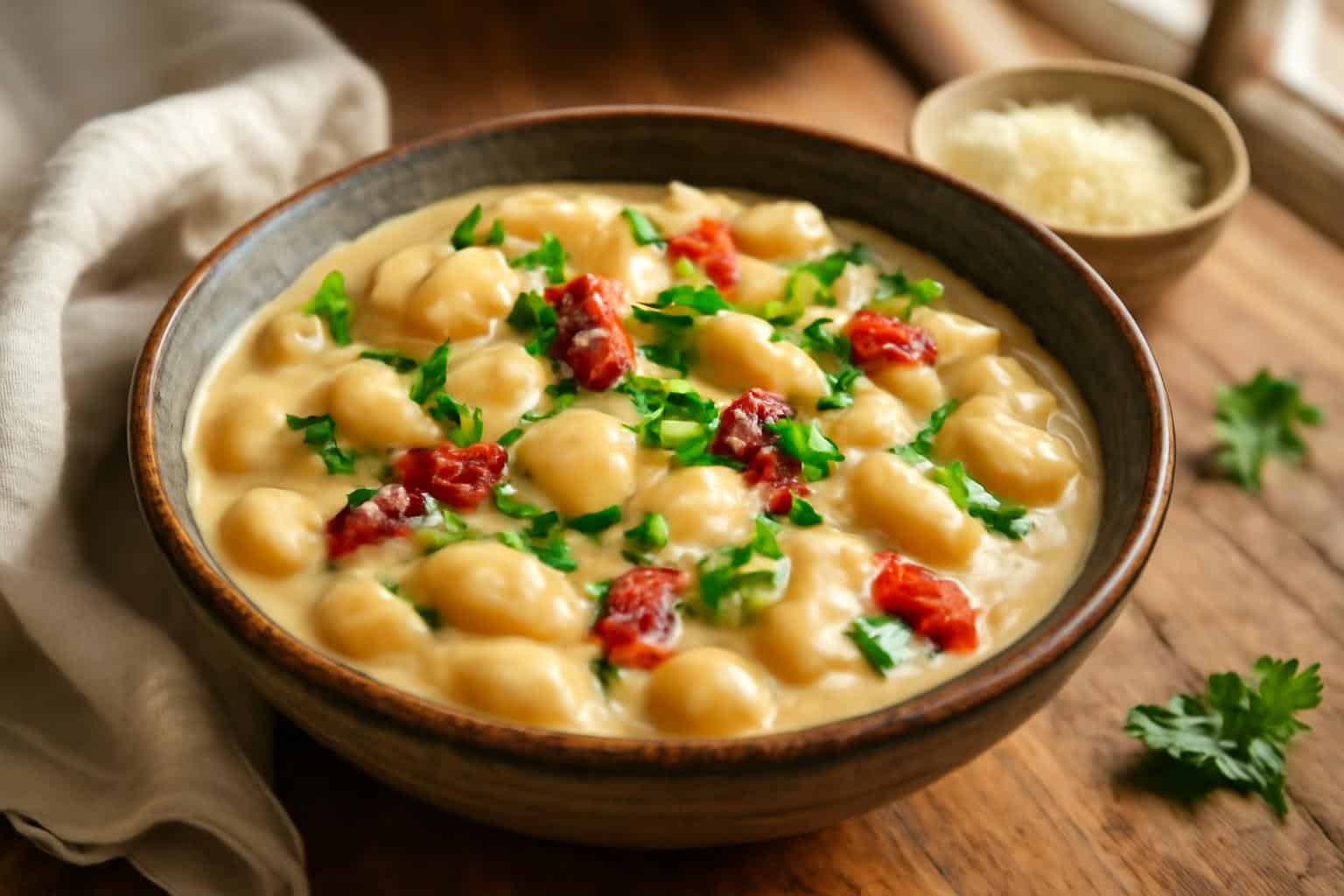 Creamy tuscan butter beans in rustic bowl garnished with parsley and sun-dried tomatoes