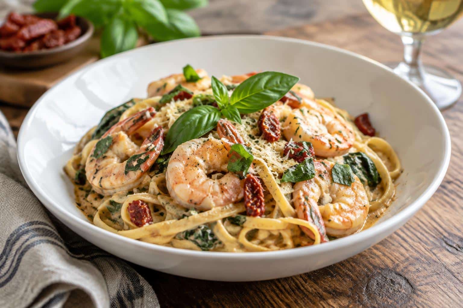Creamy Tuscan shrimp linguine with sun-dried tomatoes and fresh basil garnish
