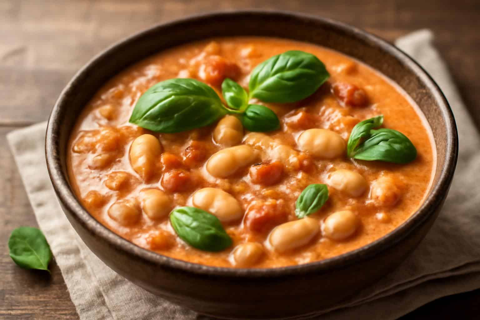 Creamy vegan tomato stew with white beans garnished with fresh basil
