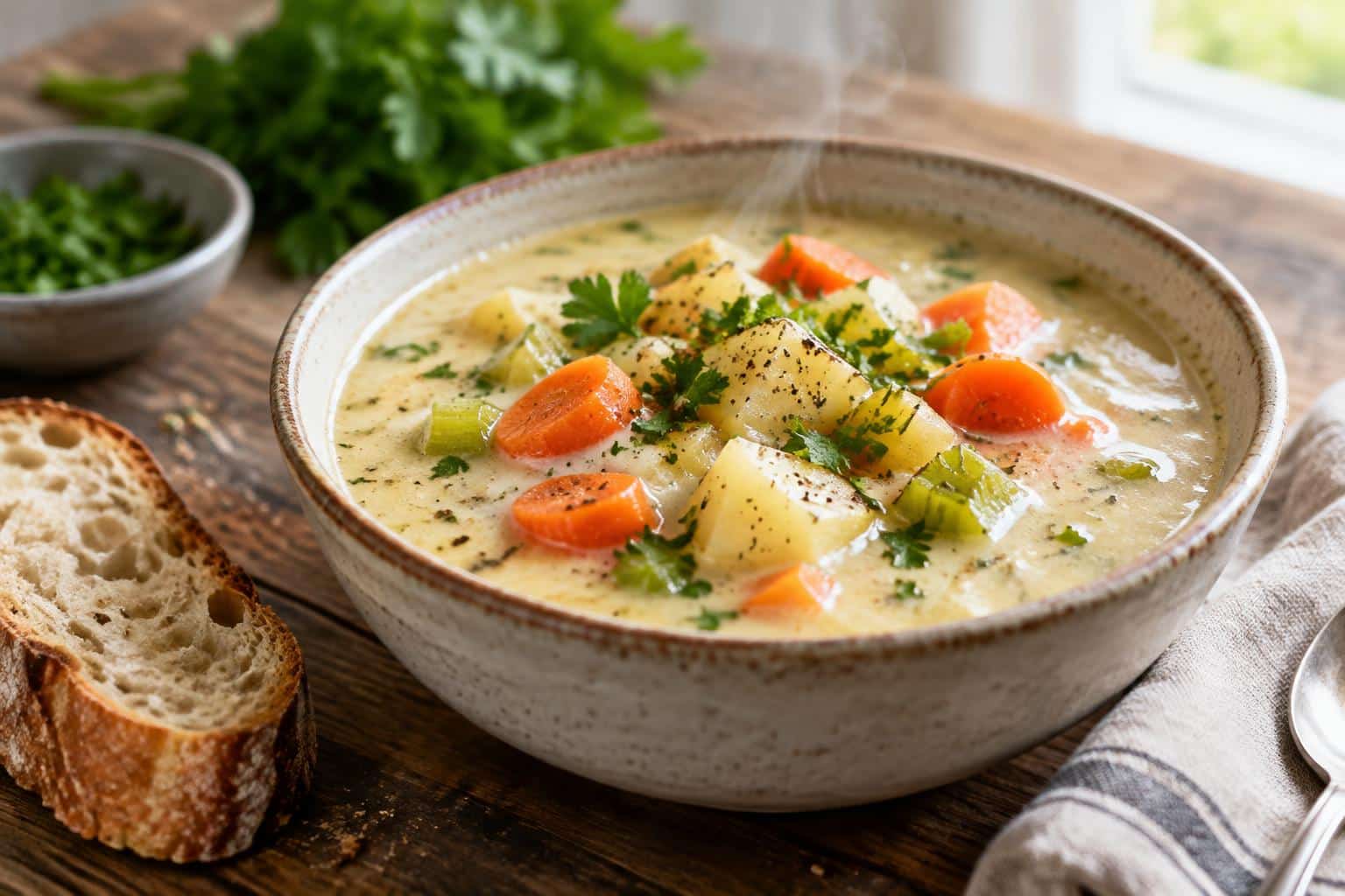 Creamy vegetable soup served in a bowl garnished with fresh parsley and chunks of vegetables