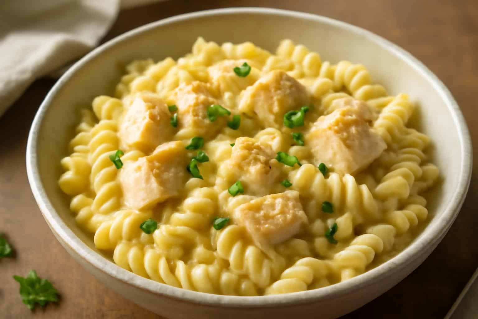 Creamy Velveeta Alfredo chicken rotini pasta with Cajun garlic butter and parsley garnish