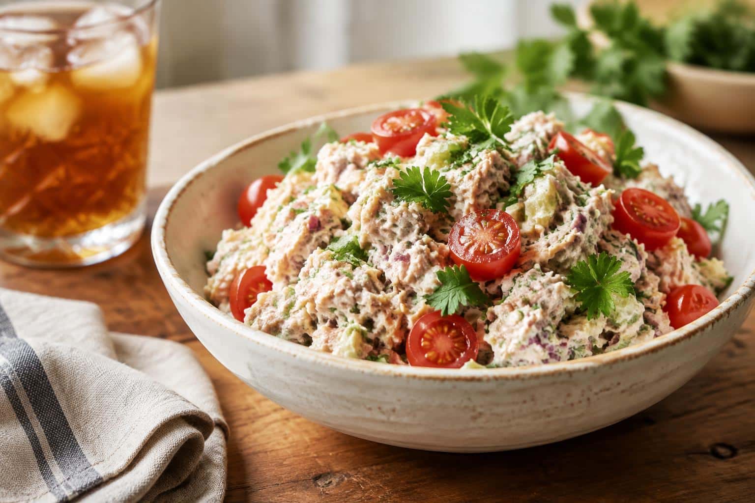 Creamy viral tuna salad served in a rustic bowl garnished with parsley and cherry tomatoes