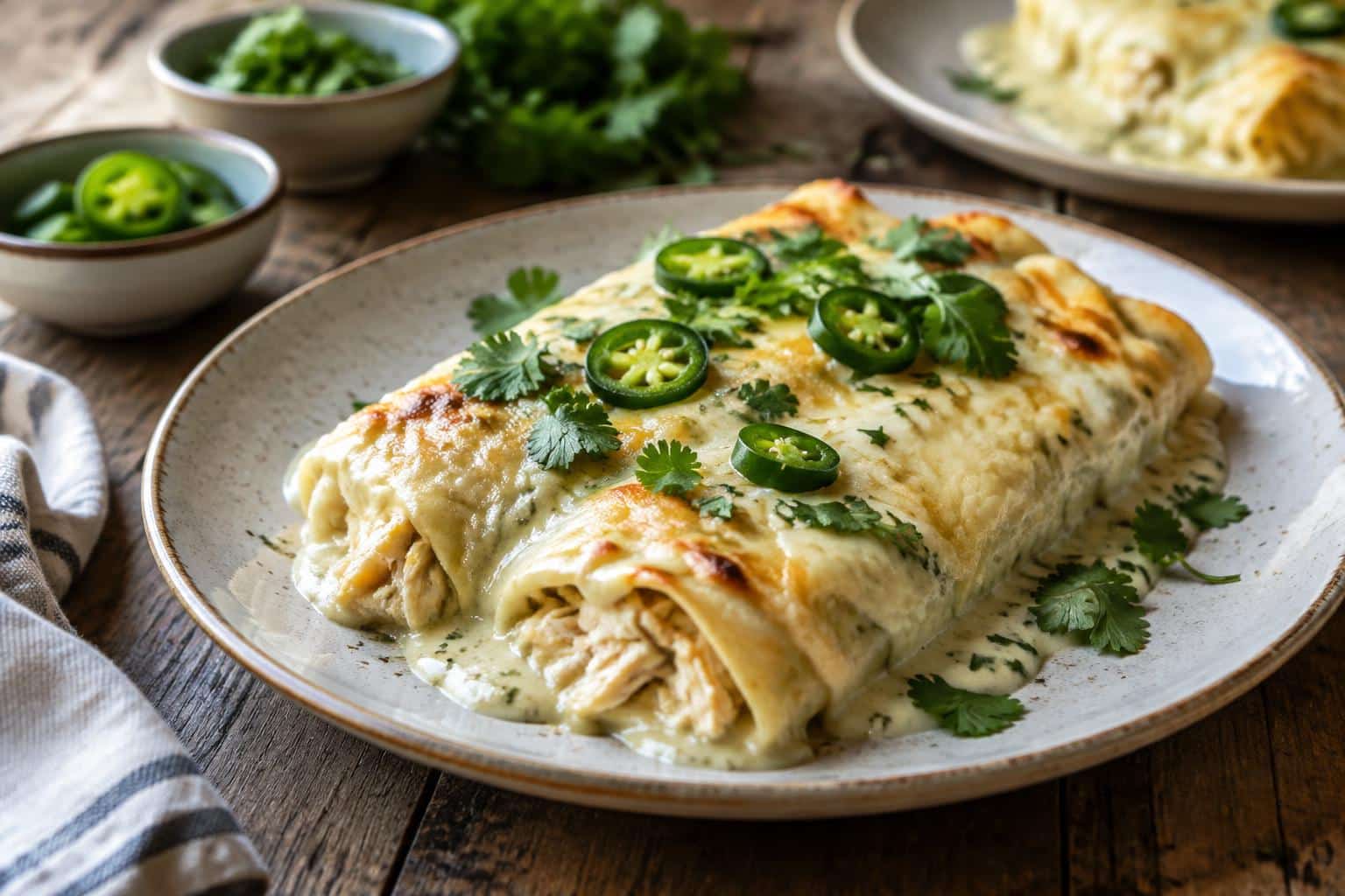 Plate of creamy white chicken enchiladas with melted cheese and cilantro garnish