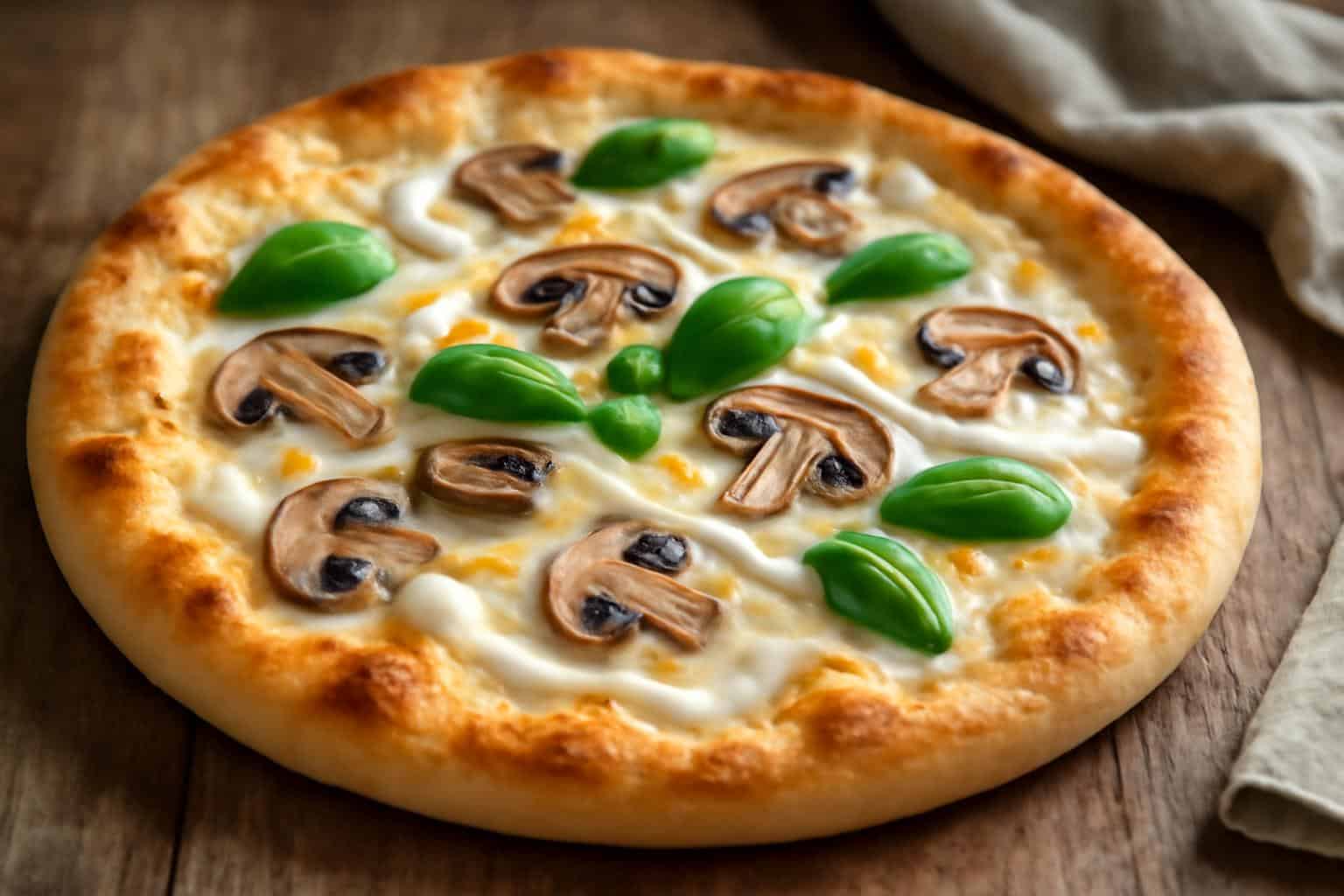 Creamy white sauce pizza with bubbly cheese and fresh basil garnish on rustic wooden surface