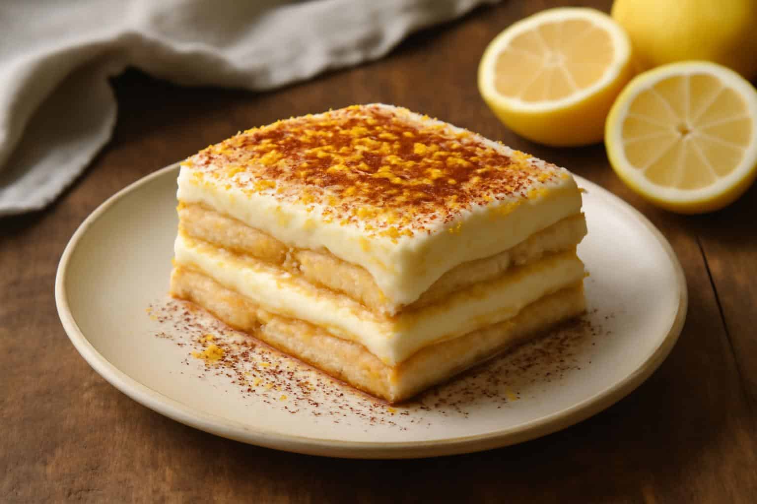 Creamy zesty lemon tiramisu dessert with bright citrus layers and lemon zest garnish