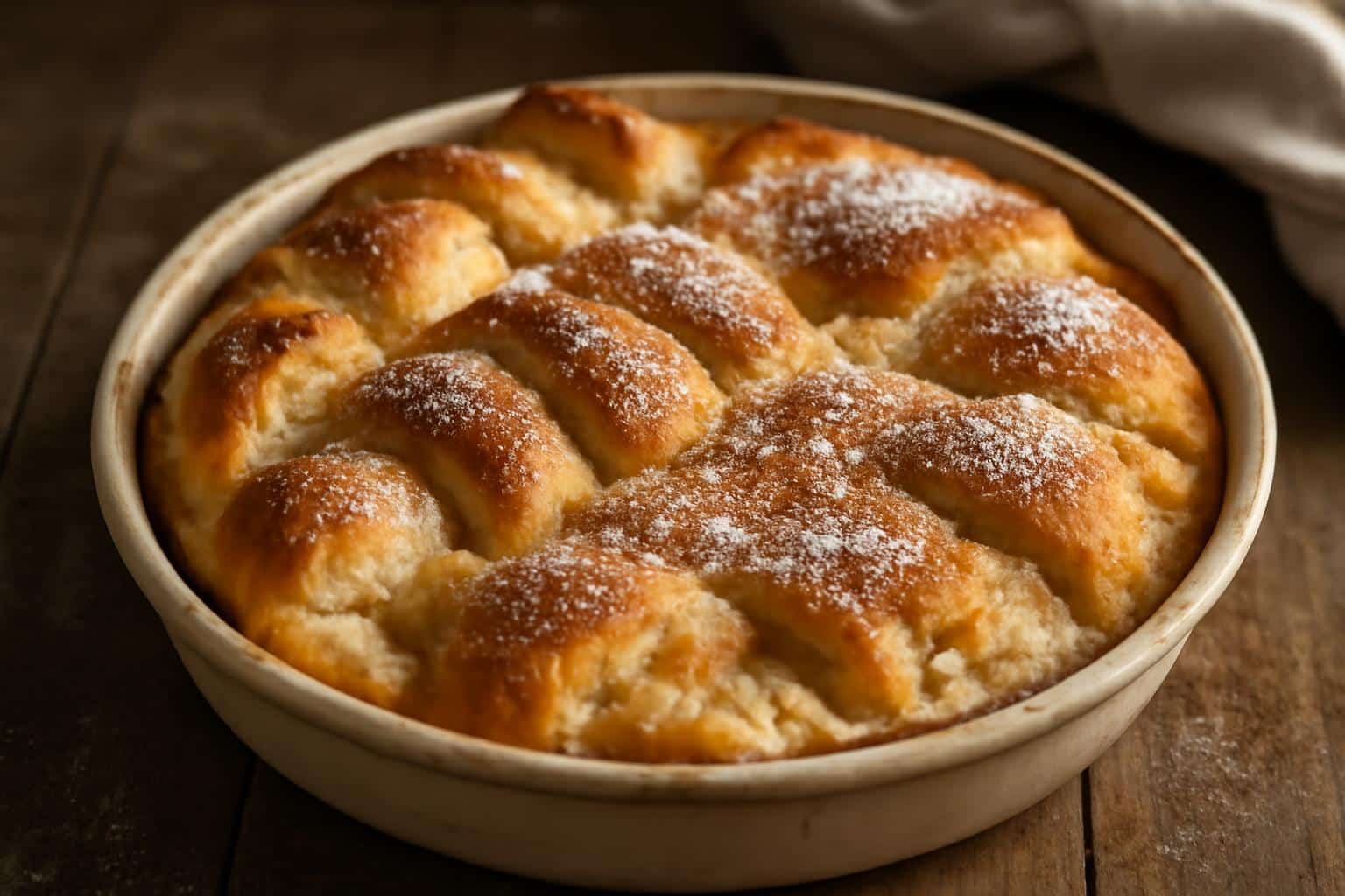 Golden crescent roll french toast bake with cream cheese cinnamon casserole fresh out of the oven