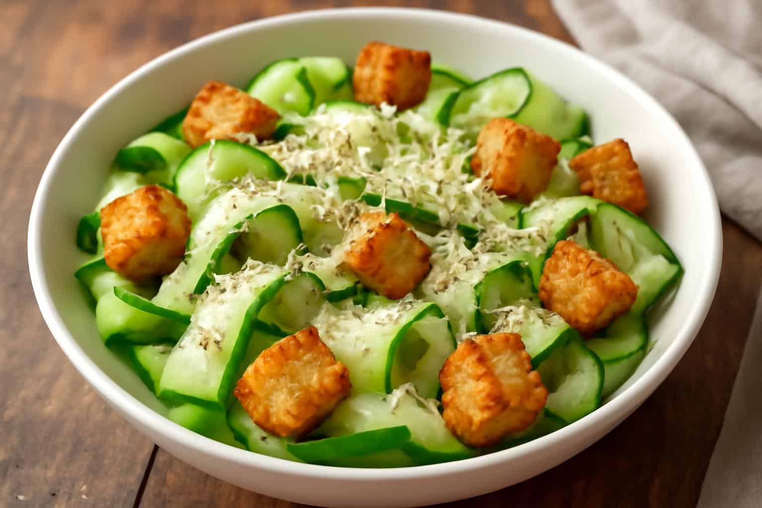 Crisp cucumber caesar salad with creamy dressing, parmesan, and croutons on a rustic table
