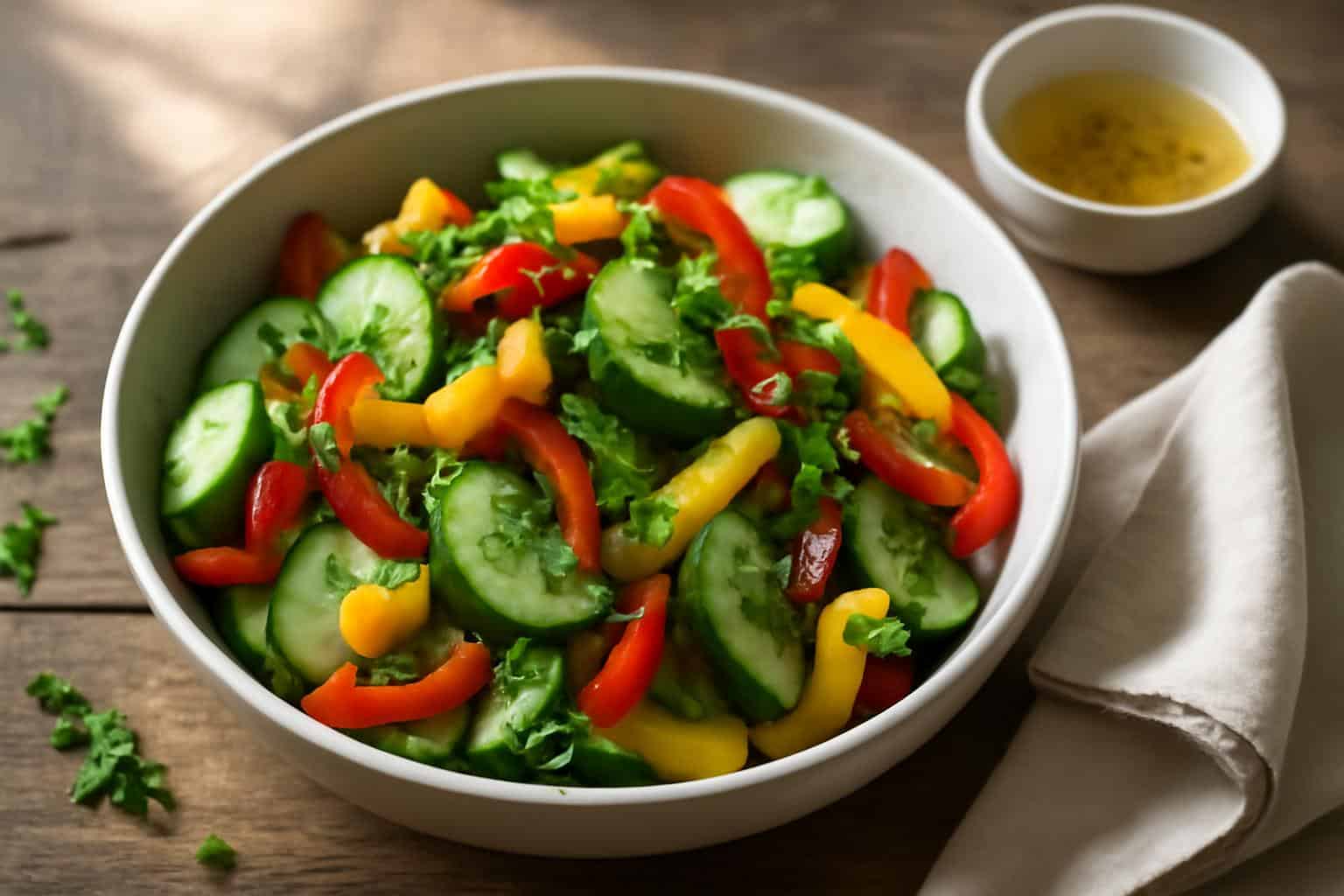 Fresh crisp cucumber sweet pepper salad with herbs in a bowl