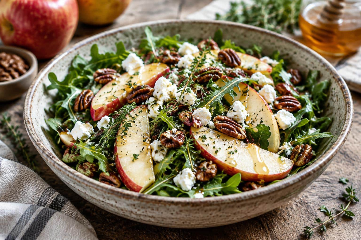 Honeycrisp apple feta salad with crisp apples, feta, arugula, and nuts in a rustic bowl